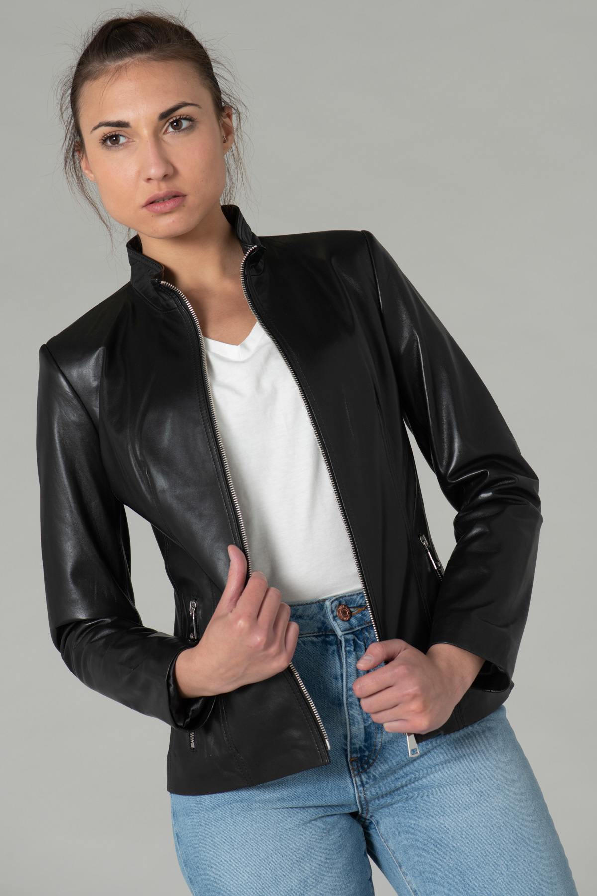 Black leather jacket with stand-up collar - Image n°3