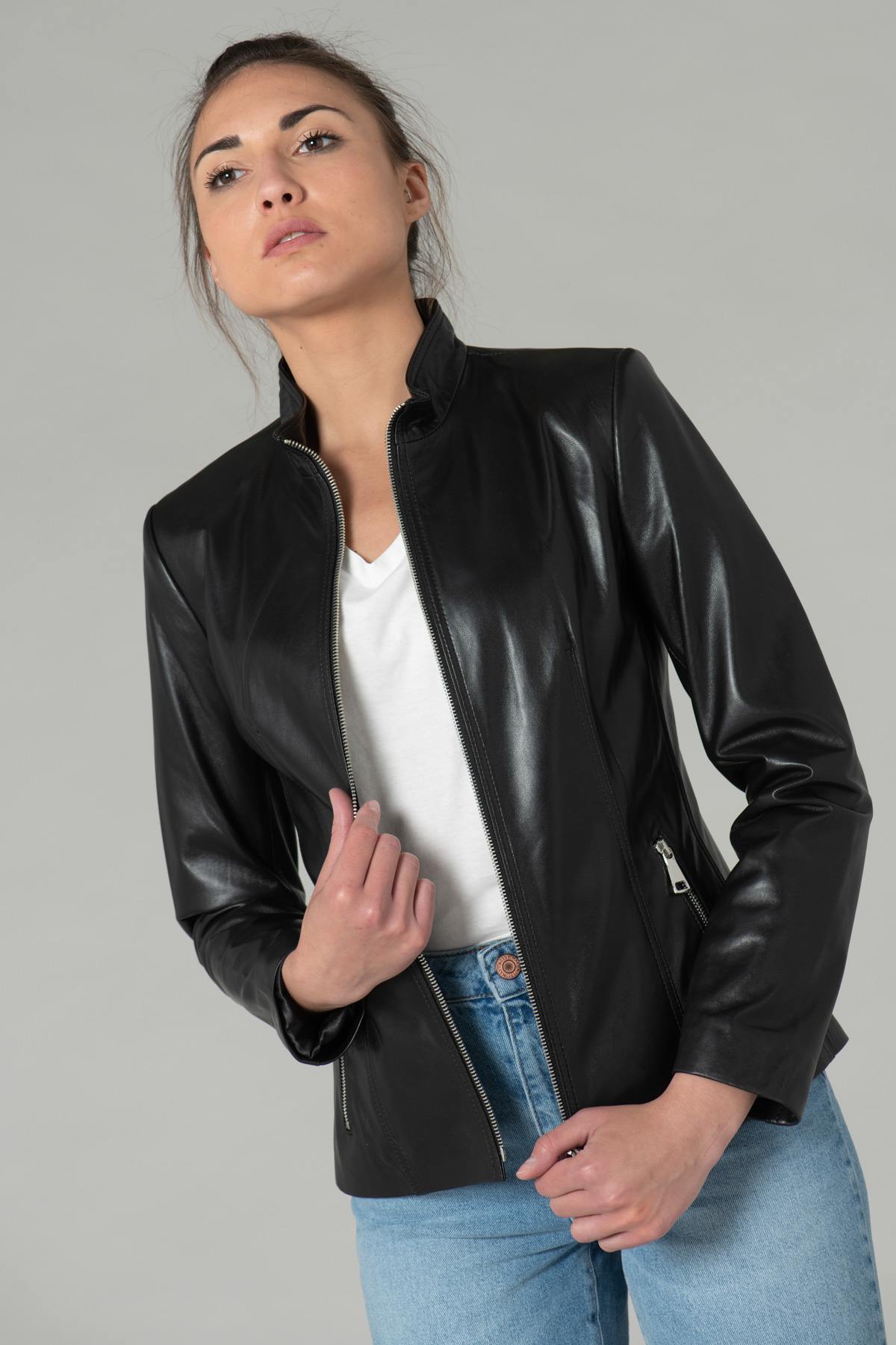 Black leather jacket with stand-up collar - Image n°7