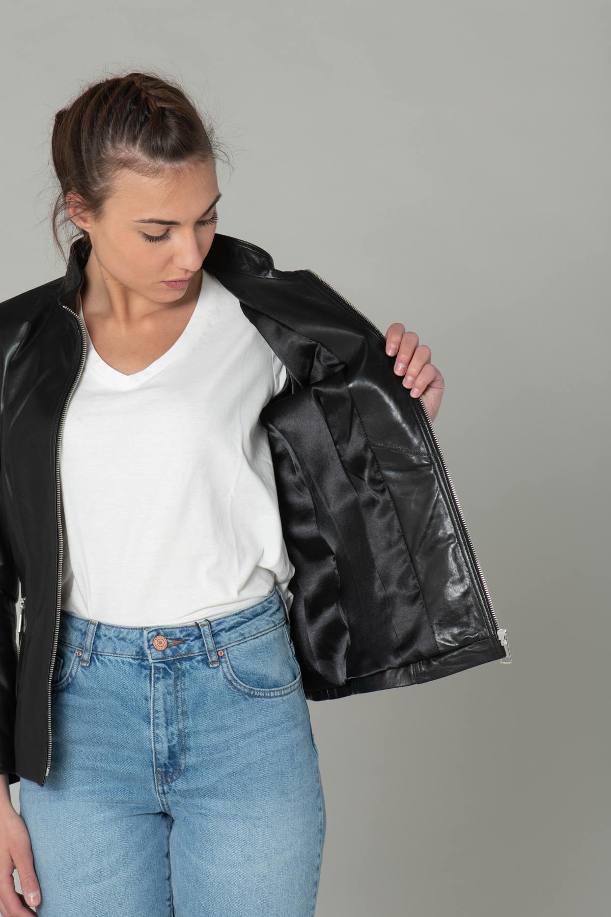 Black leather jacket with stand-up collar - Image n°4