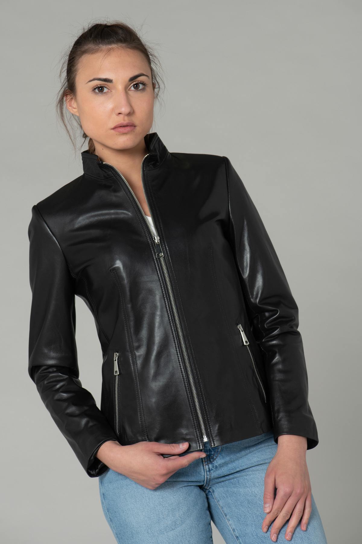 Black leather jacket with stand-up collar - Image n°6