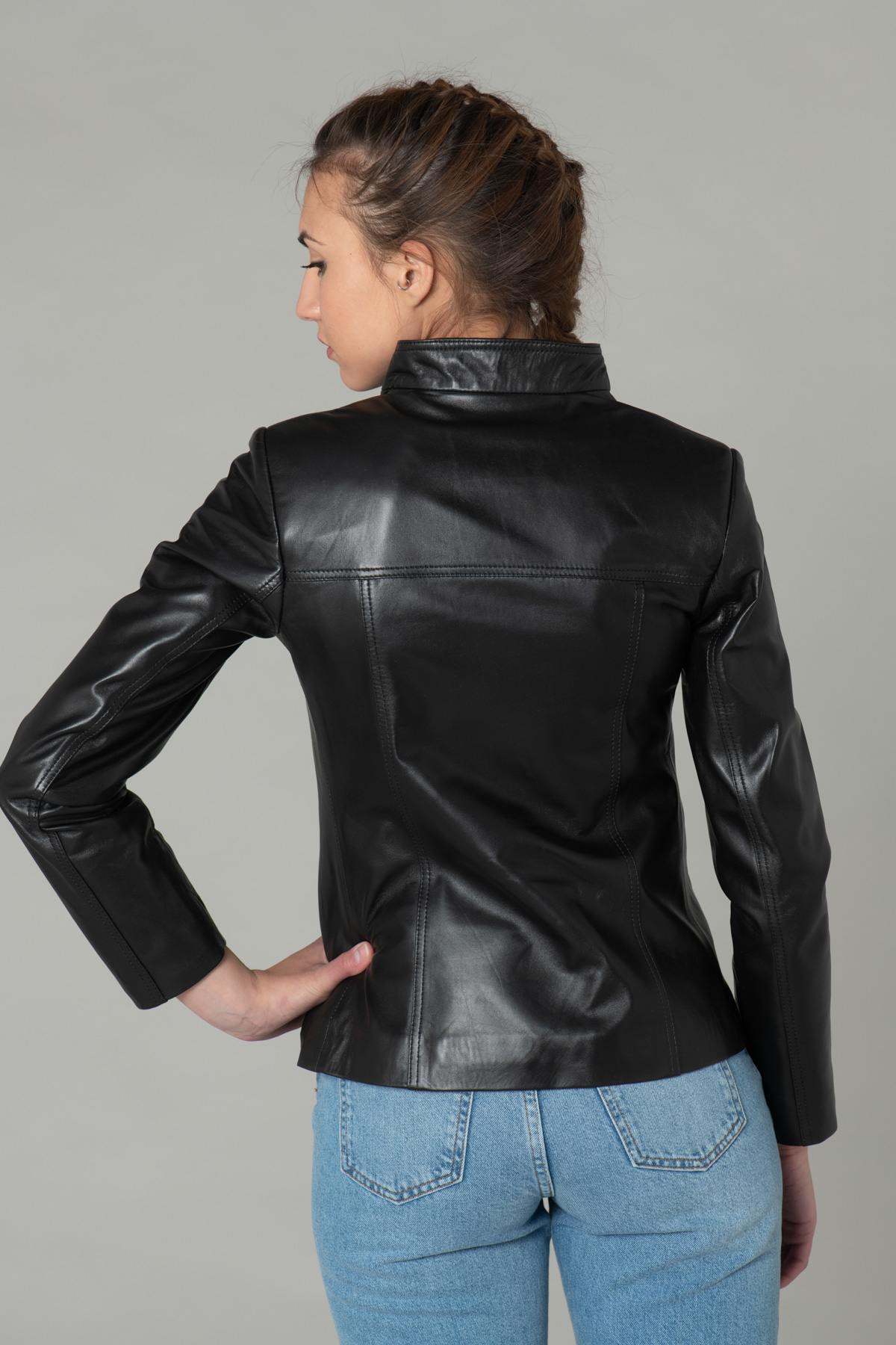 Black leather jacket with stand-up collar - Image n°5