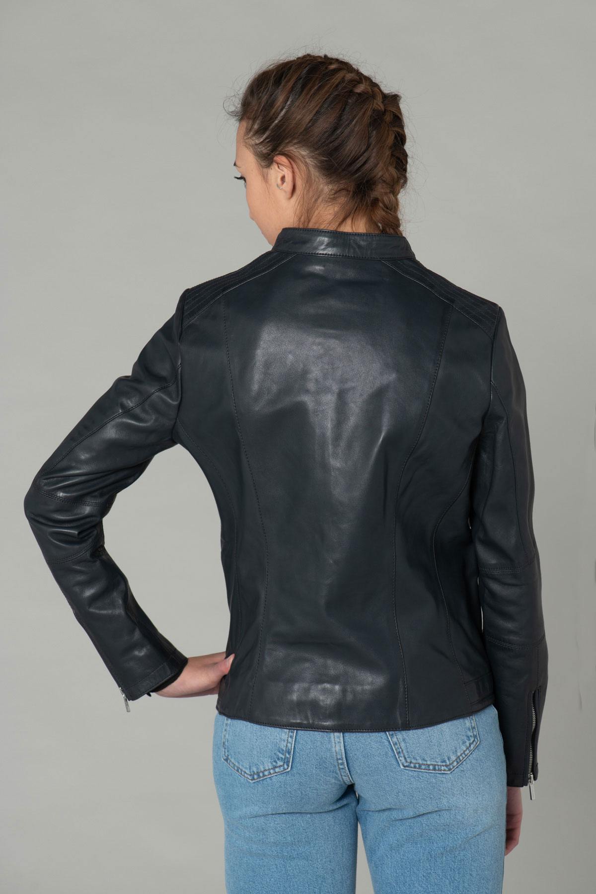 Large size navy leather jacket - Image n°5