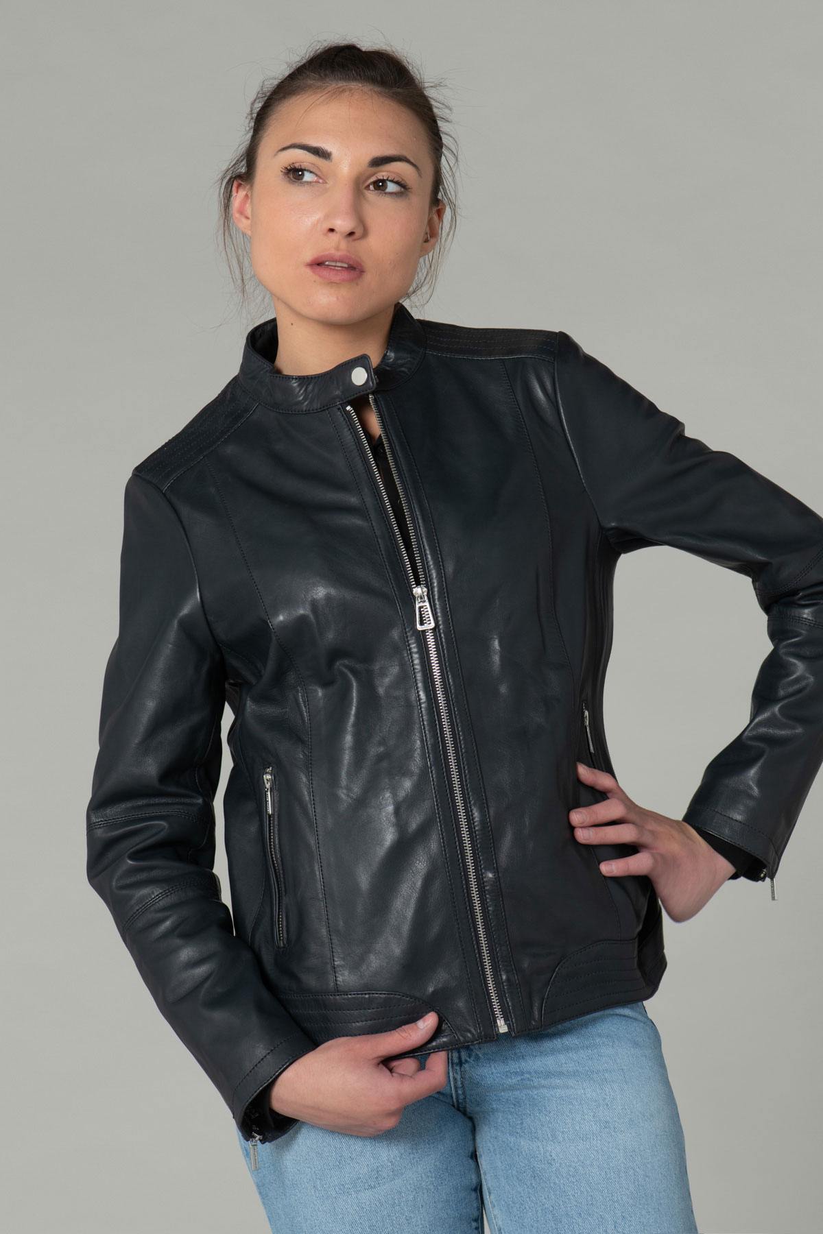 Large size navy leather jacket - Image n°7