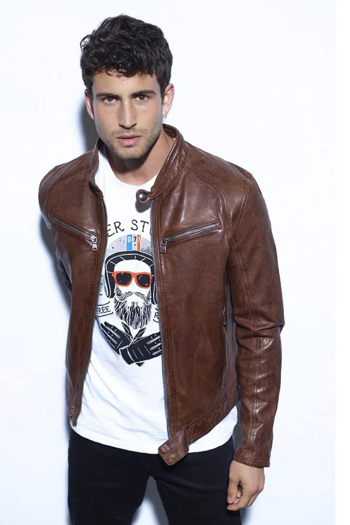 Brown leather jacket with biker collar - Image n°5