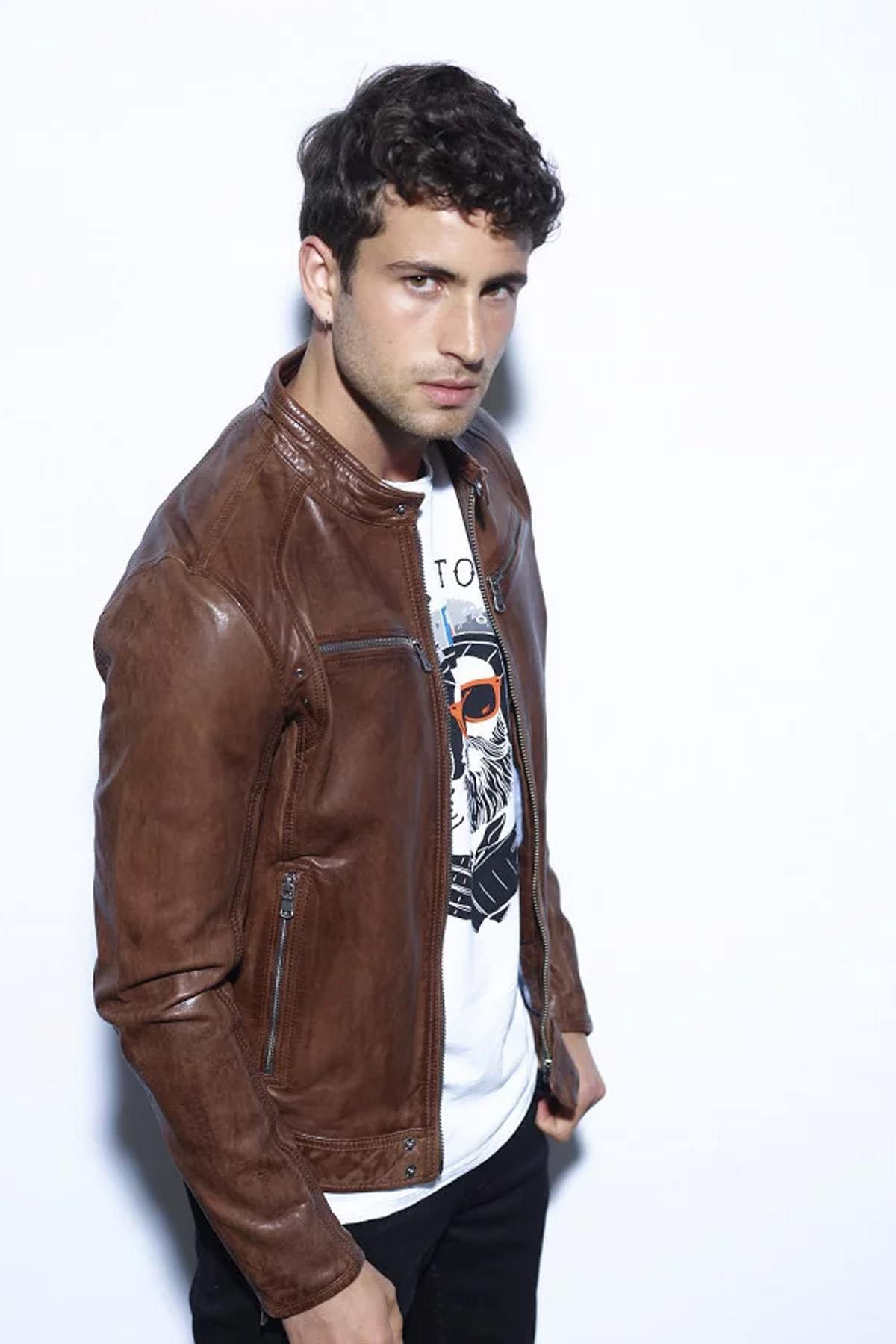 Brown leather jacket with biker collar - Image n°4