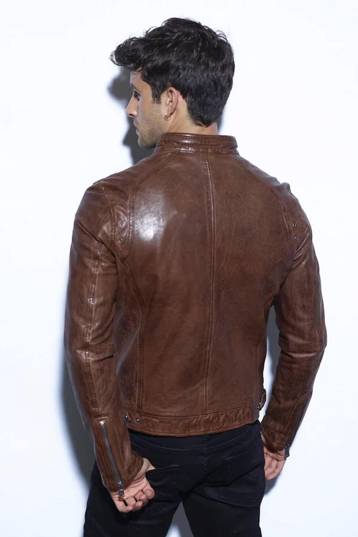 Brown leather jacket with biker collar - Image n°3