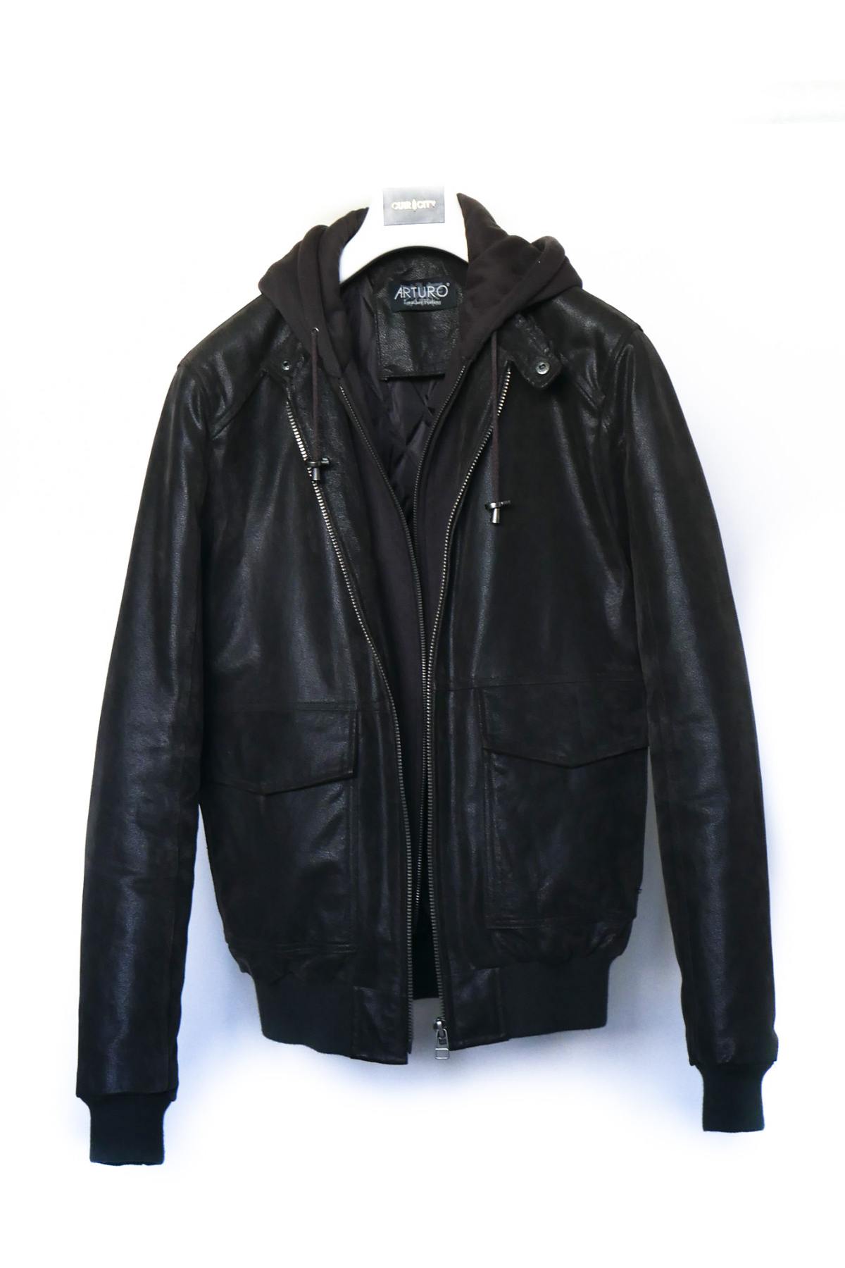 Men's hooded leather jacket - Image n°1