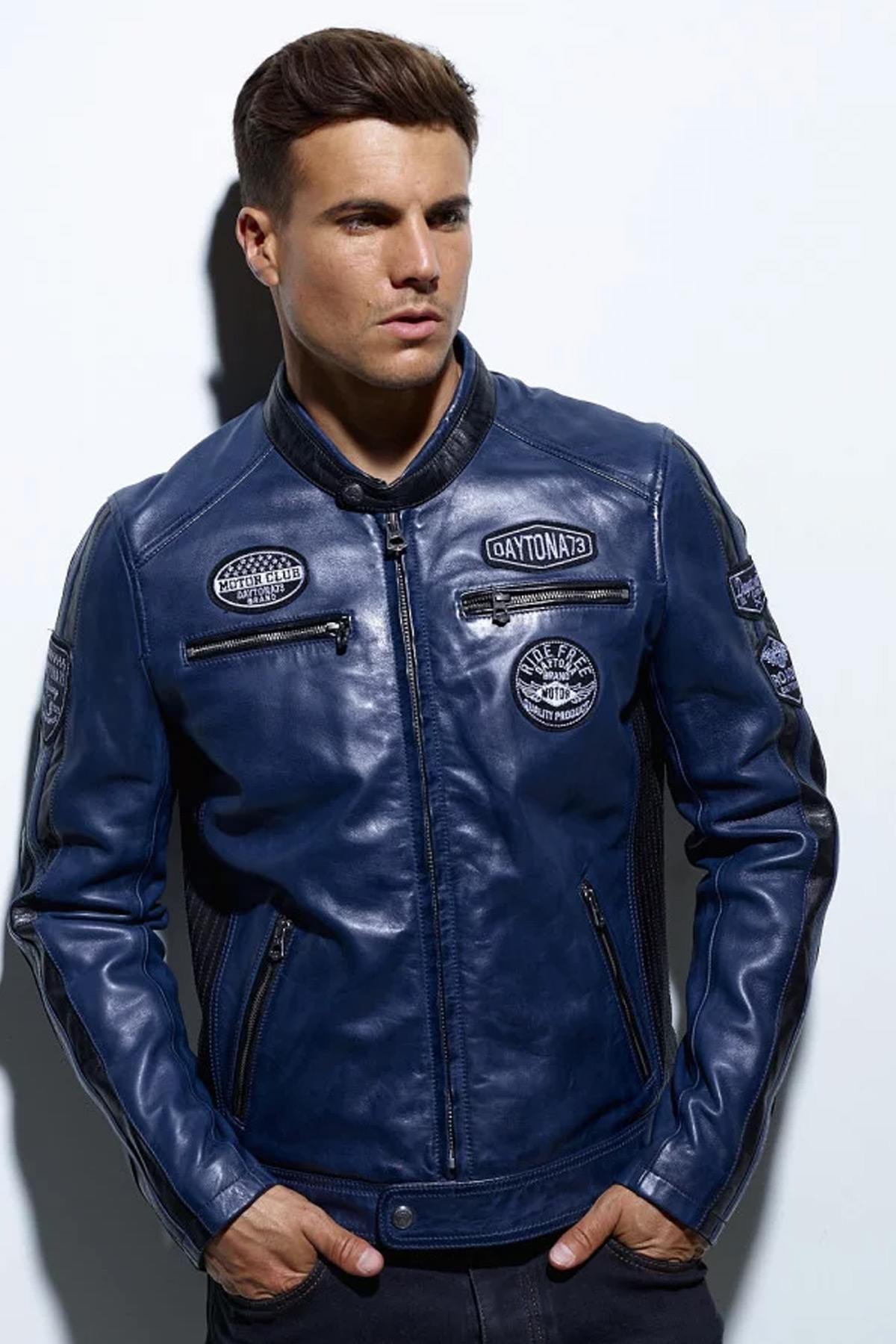 Blue vintage racing leather jacket - Image n°2