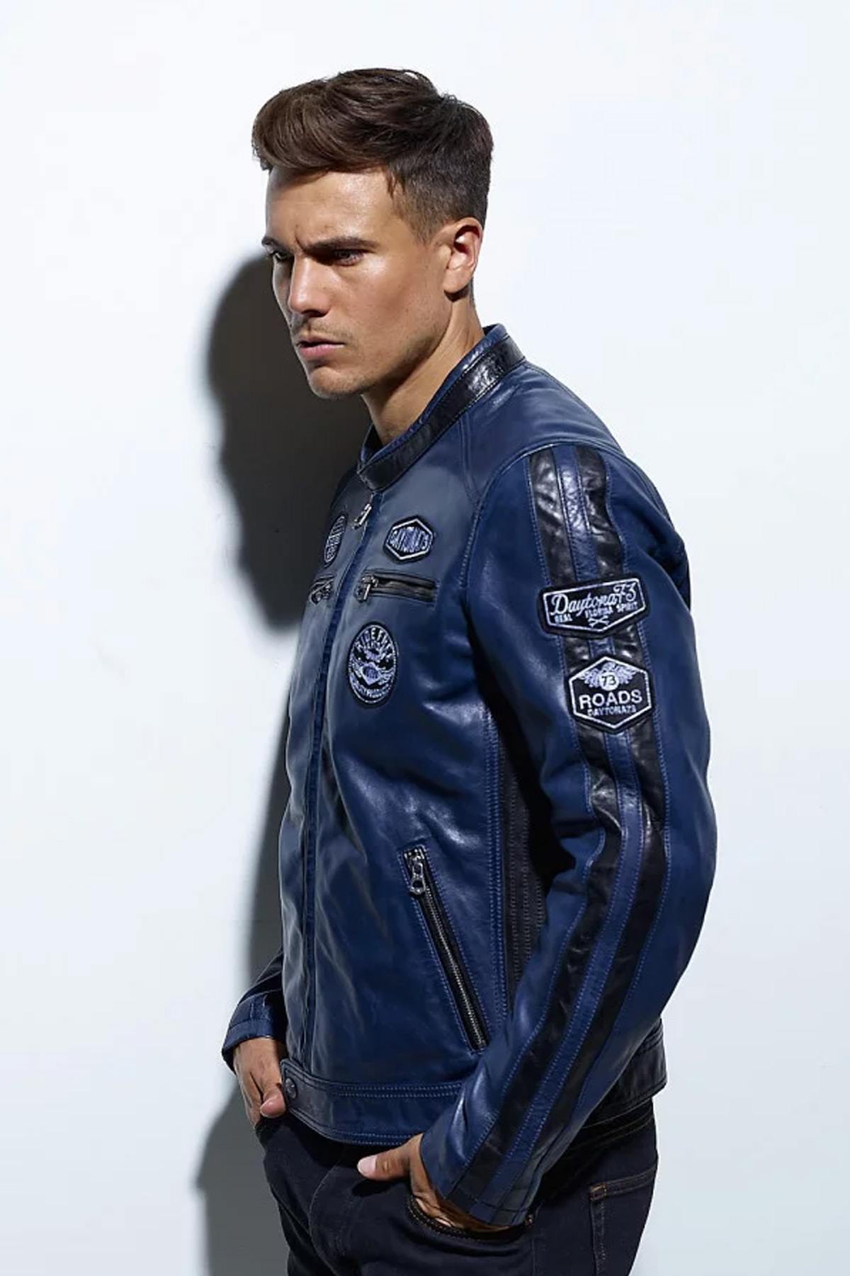 Blue vintage racing leather jacket - Image n°4