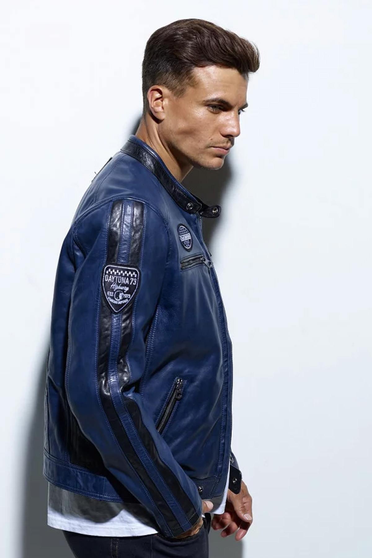 Blue vintage racing leather jacket - Image n°5