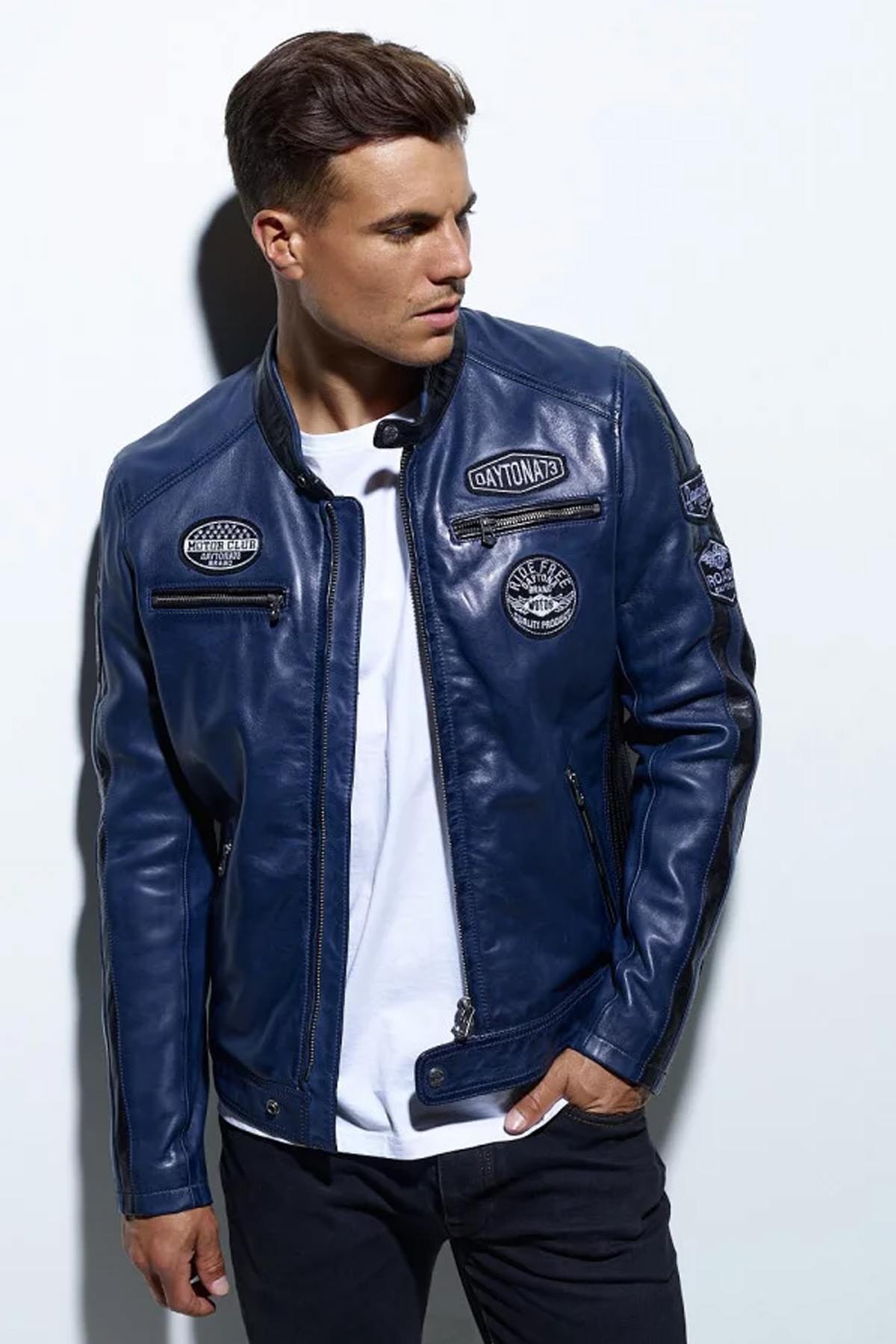 Blue vintage racing leather jacket - Image n°1