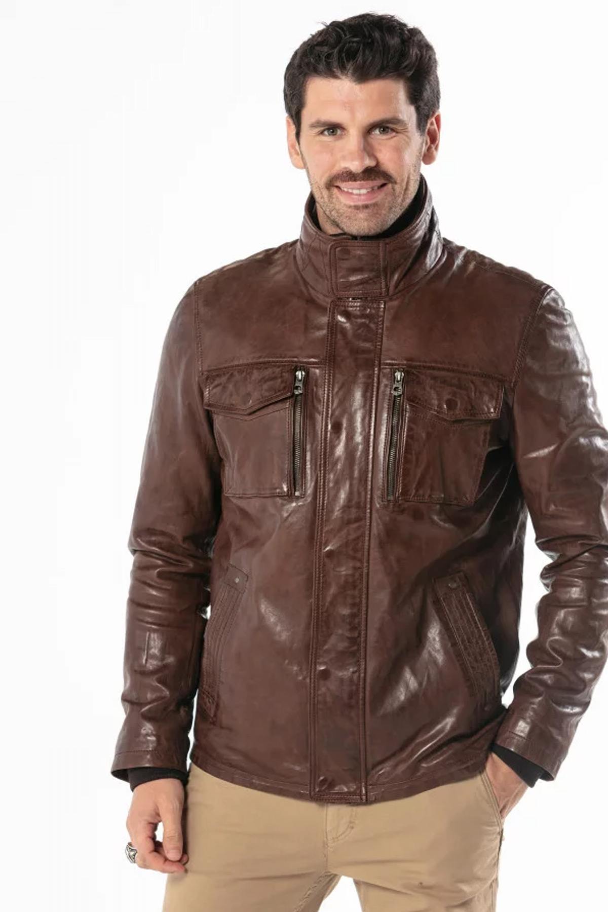 Stand-up collar leather jacket - Image n°1