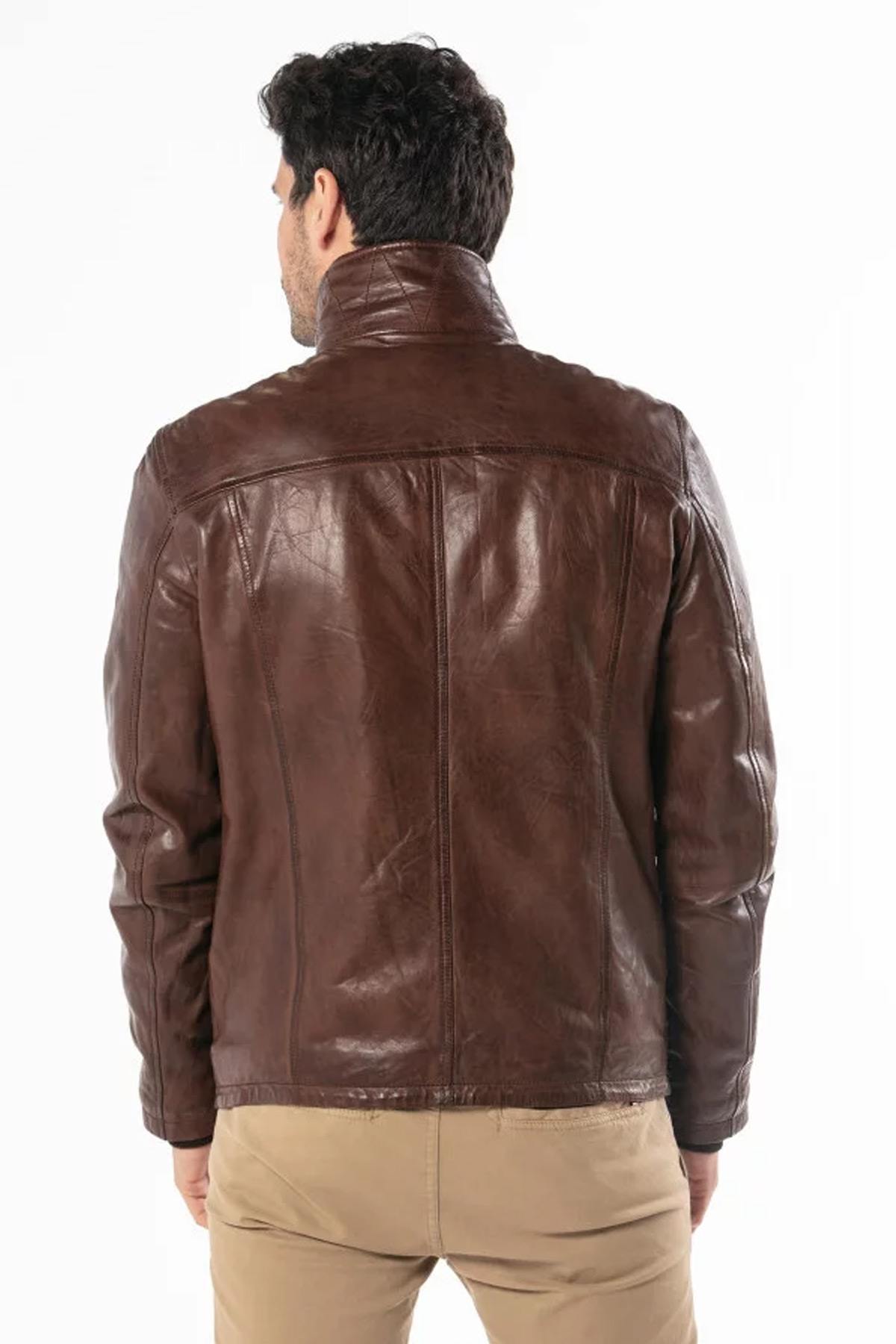 Stand-up collar leather jacket - Image n°2