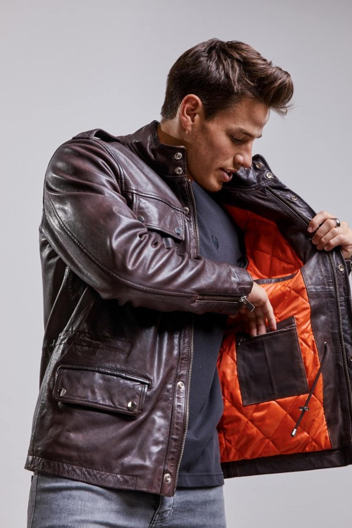 Lambskin leather jacket with stand-up collar - Image n°1