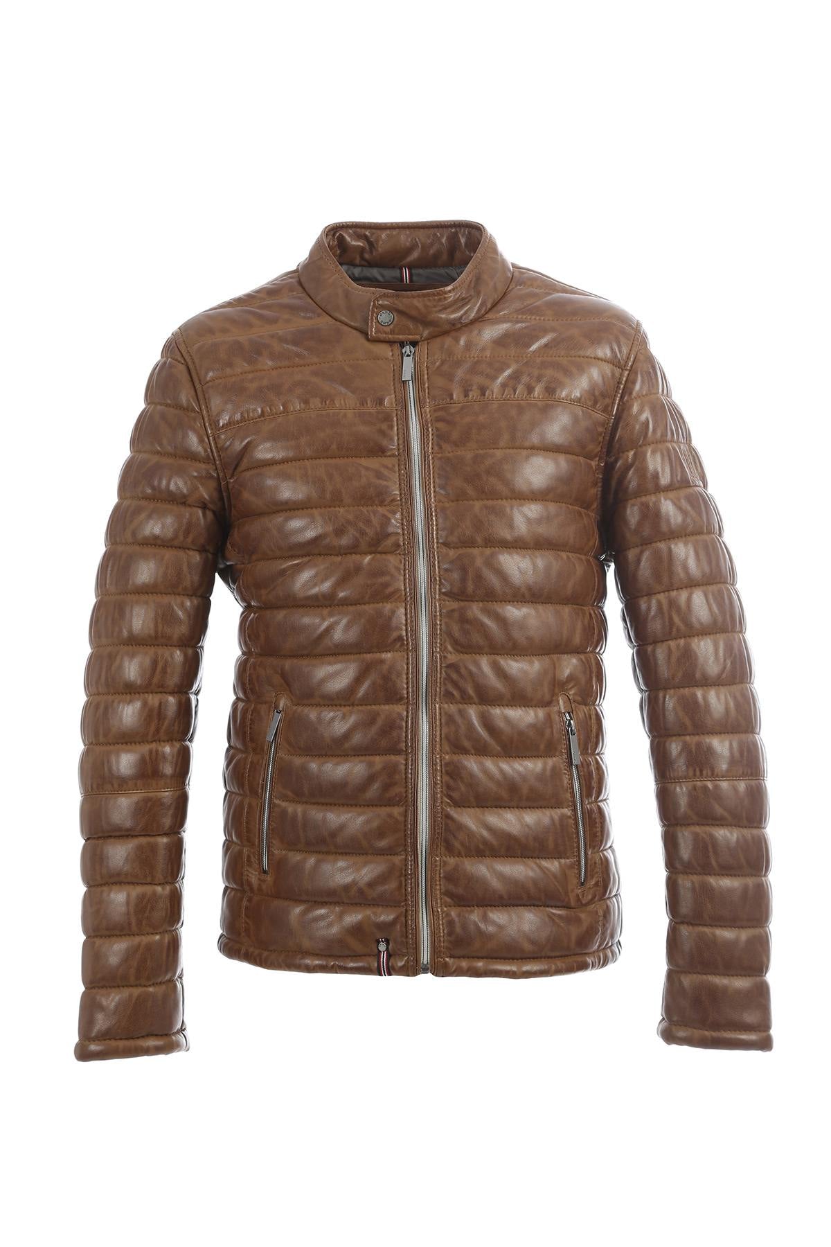 Men's brown leather down jacket - Image n°9