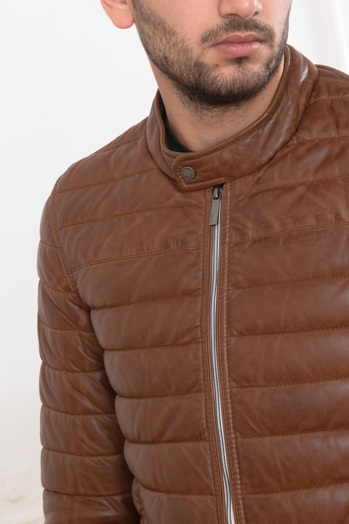 Men's brown leather down jacket - Image n°5