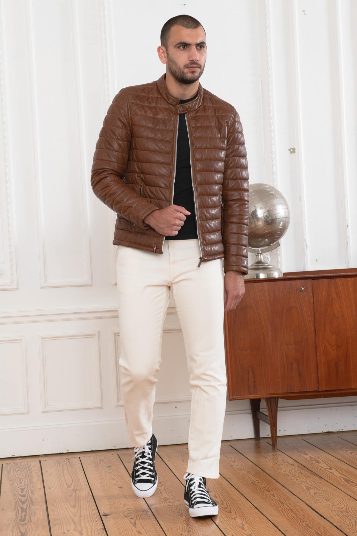 Men's brown leather down jacket - Image n°2