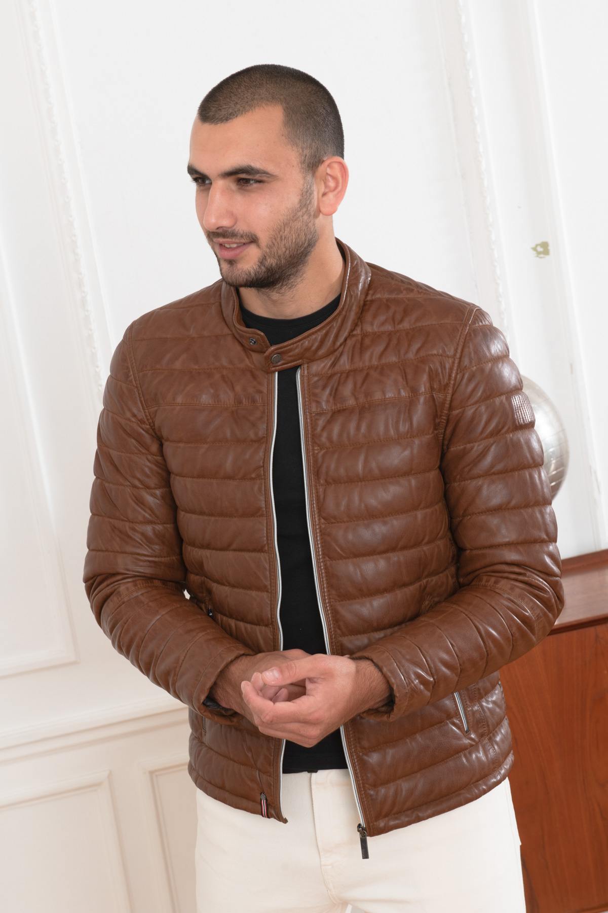 Men's brown leather down jacket - Image n°4