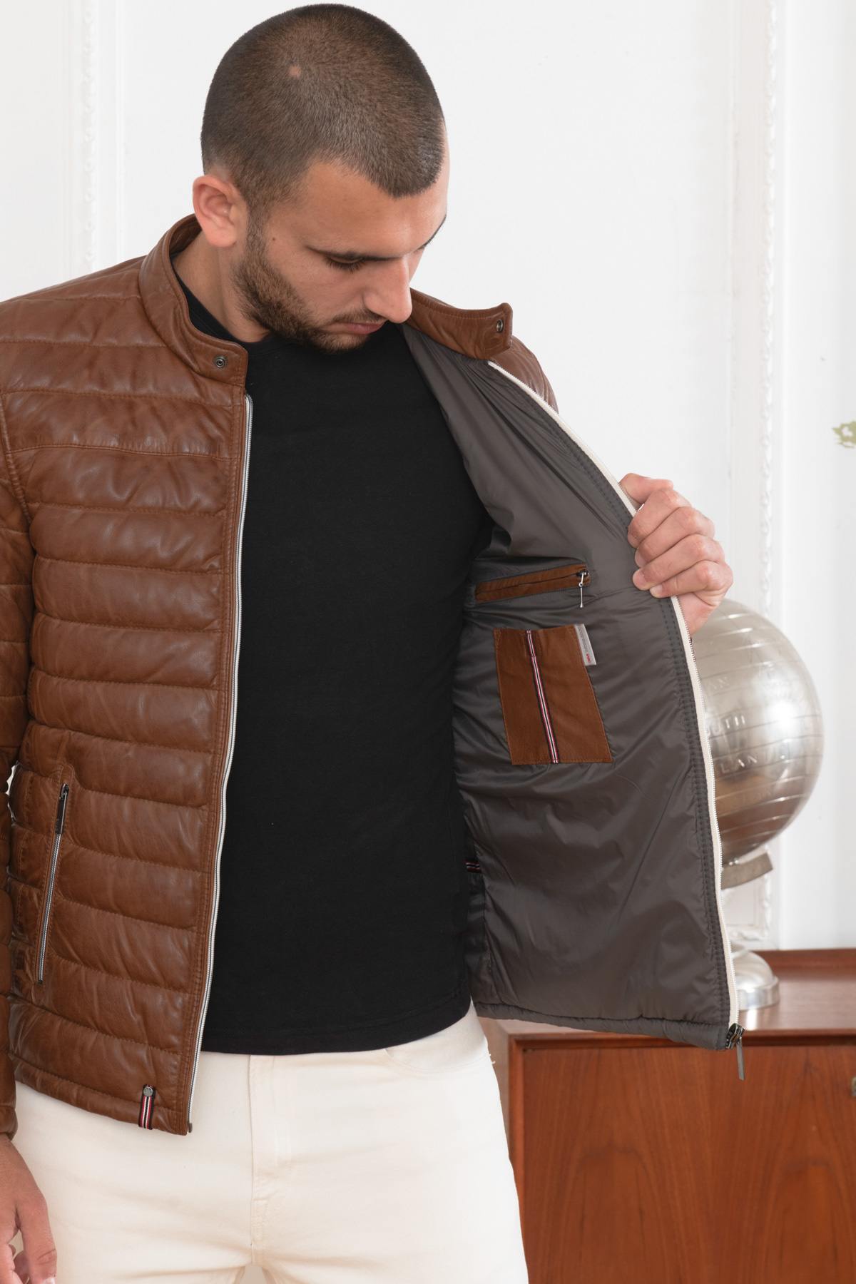 Men's brown leather down jacket - Image n°6