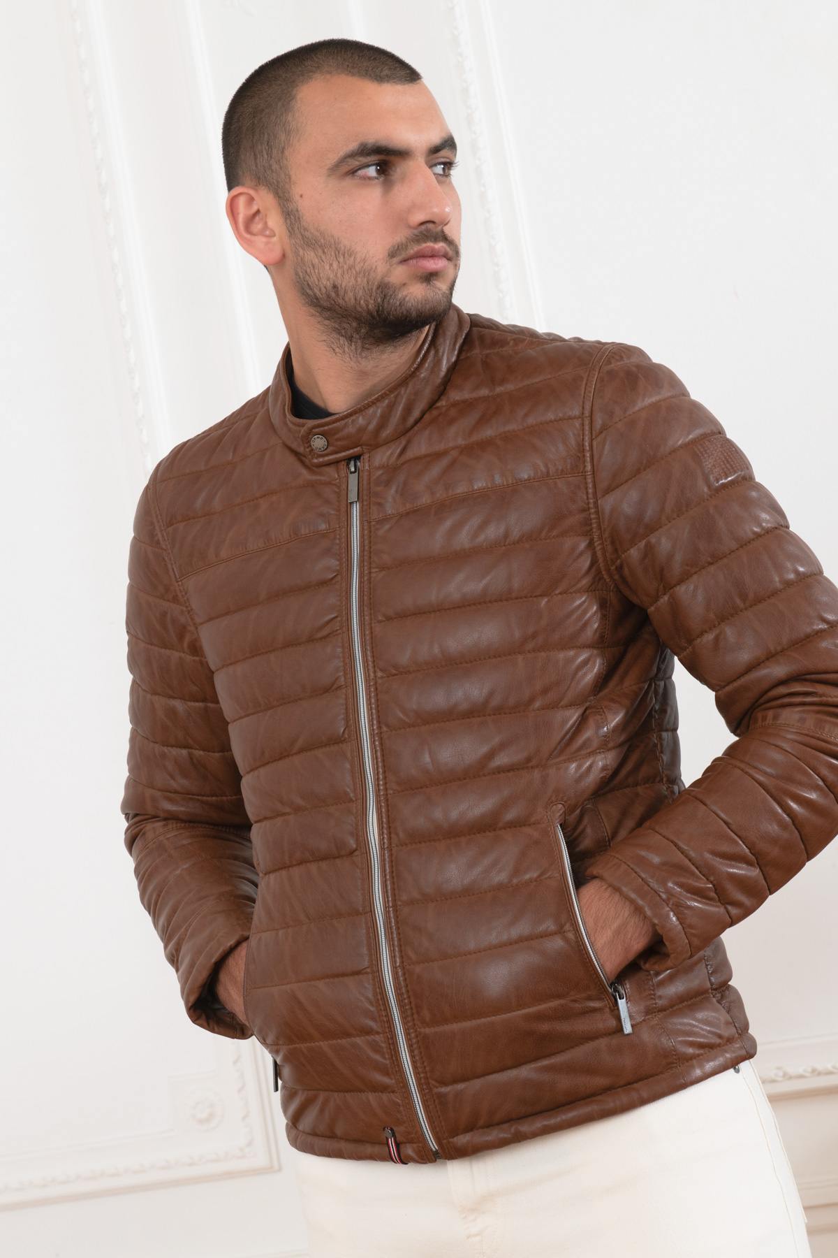 Men's brown leather down jacket - Image n°1