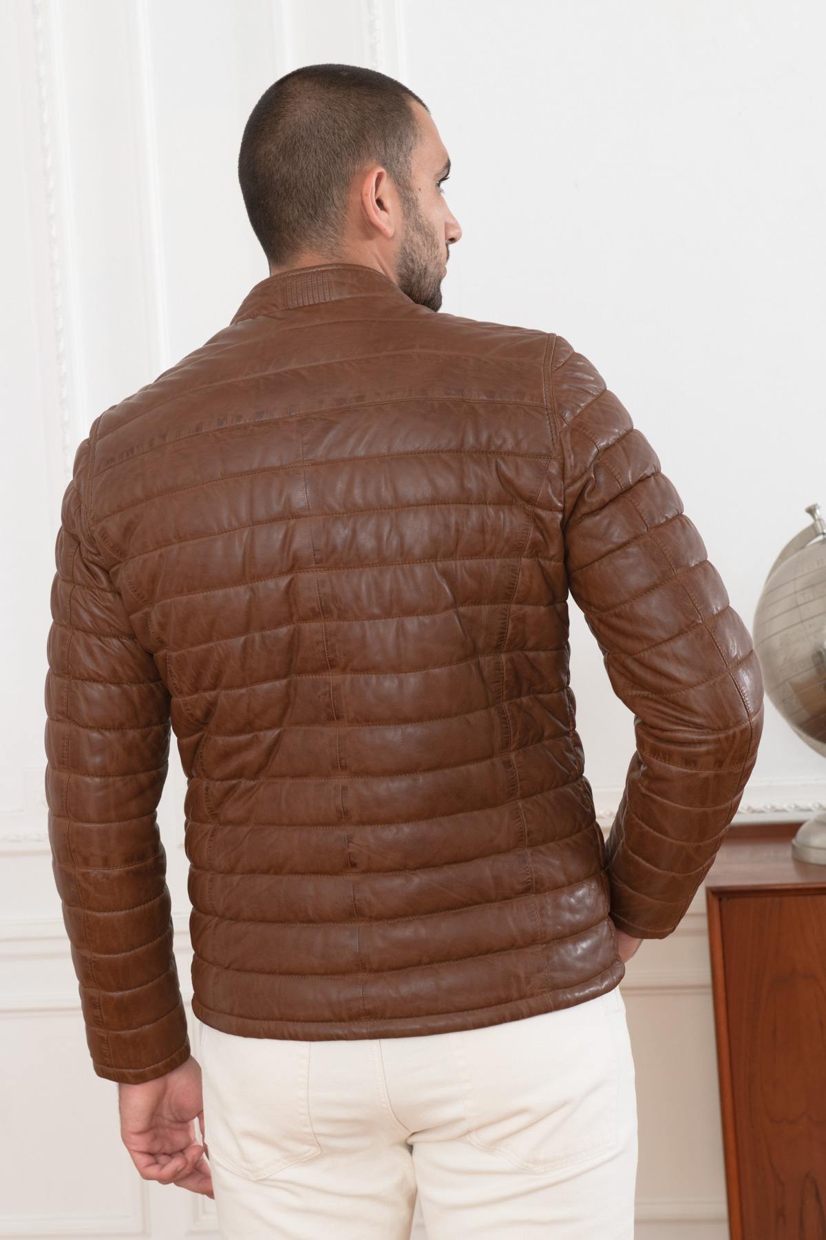 Men's brown leather down jacket - Image n°7