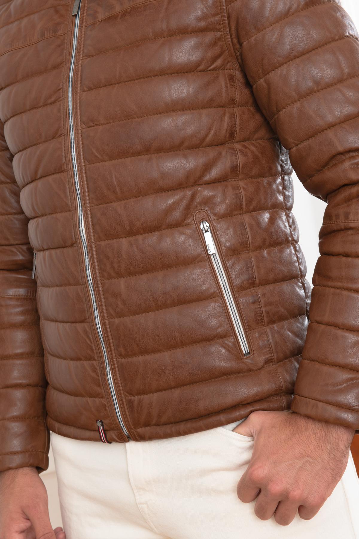 Men's brown leather down jacket - Image n°8