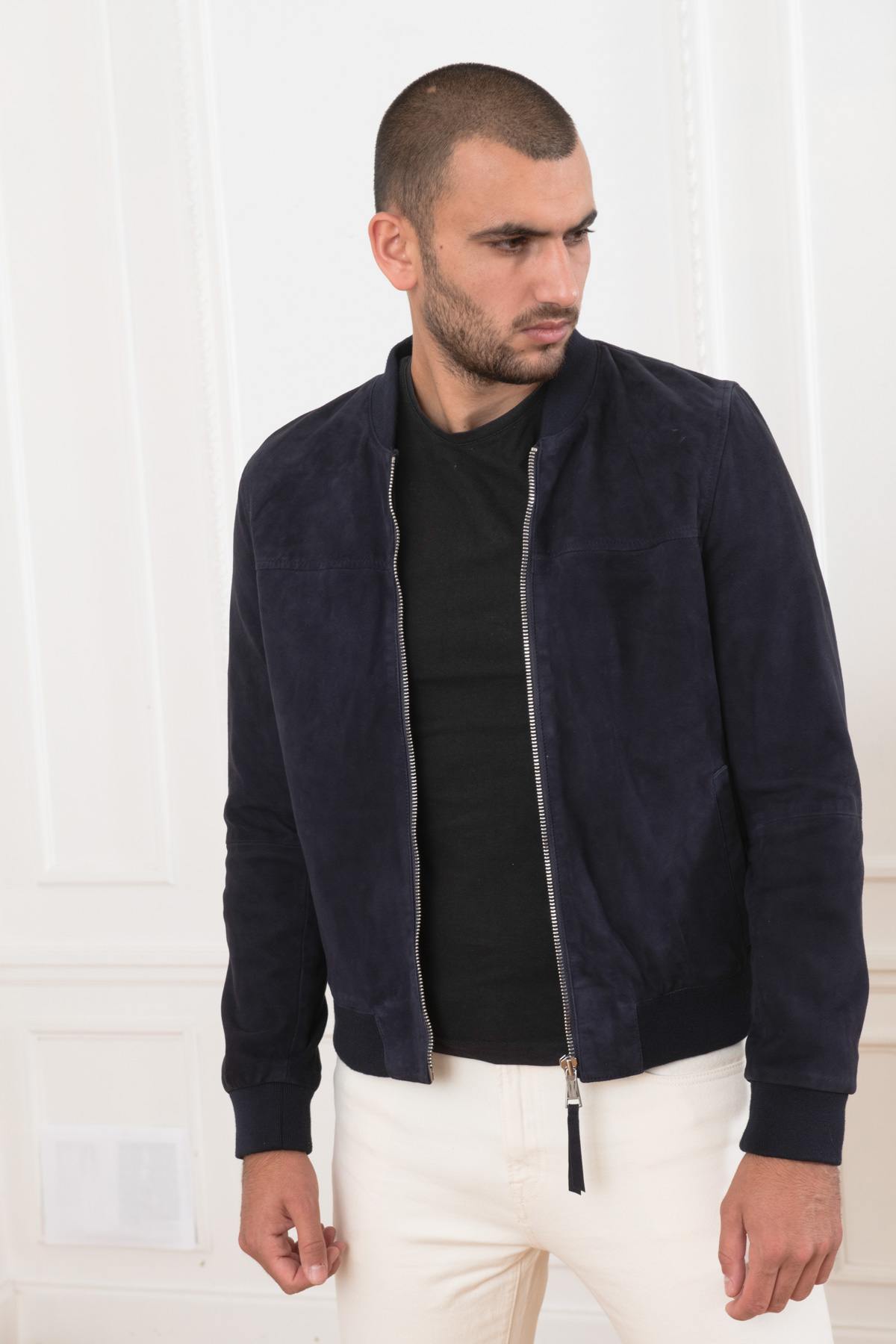 Navy blue suede leather teddy - Image n°1