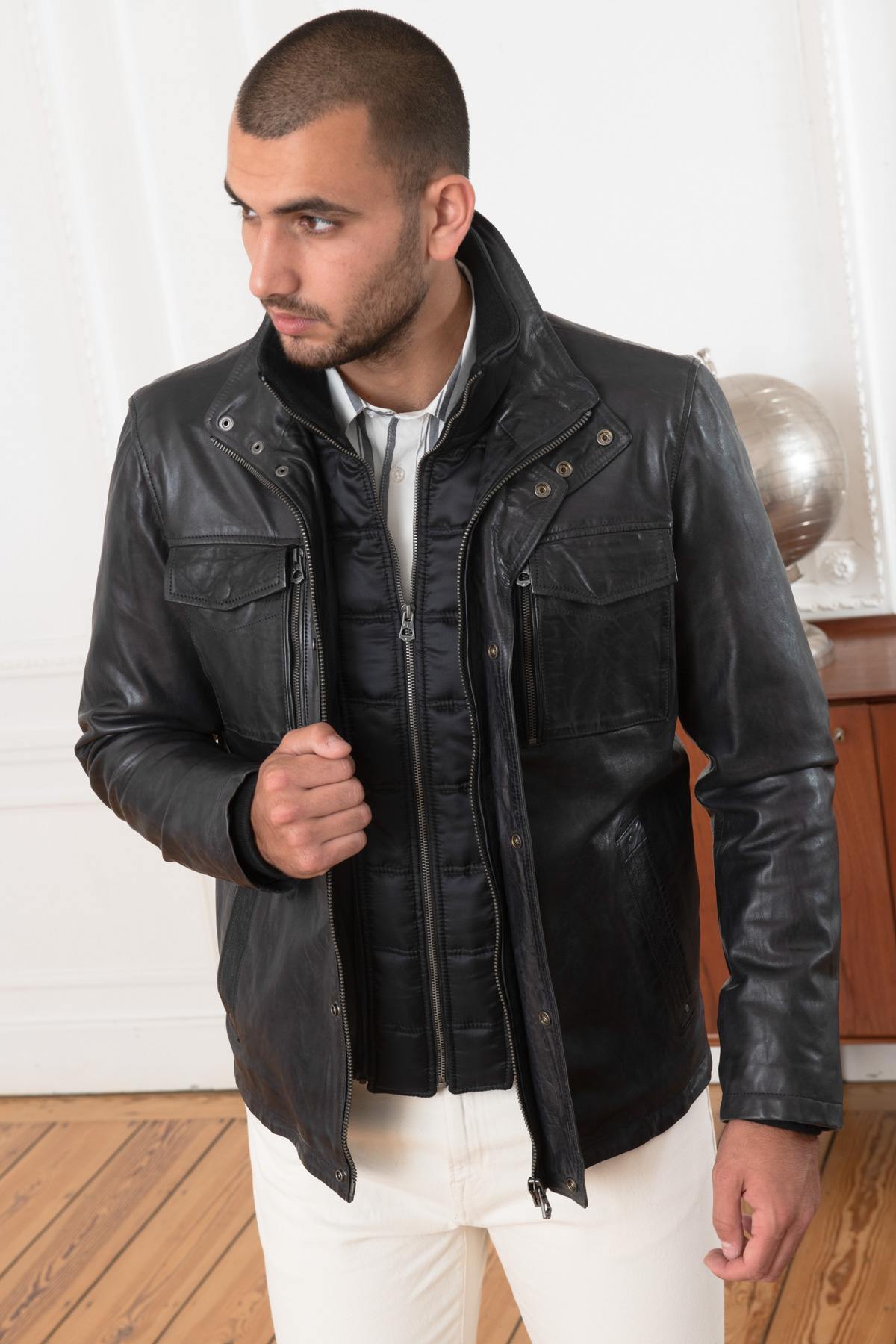 Dark blue leather jacket with stand-up collar - Image n°5