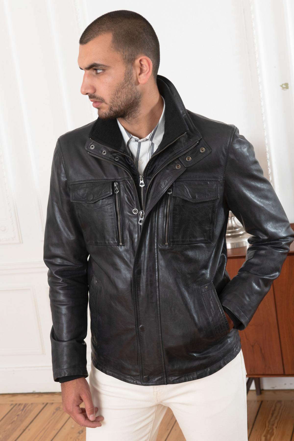 Dark blue leather jacket with stand-up collar - Image n°7