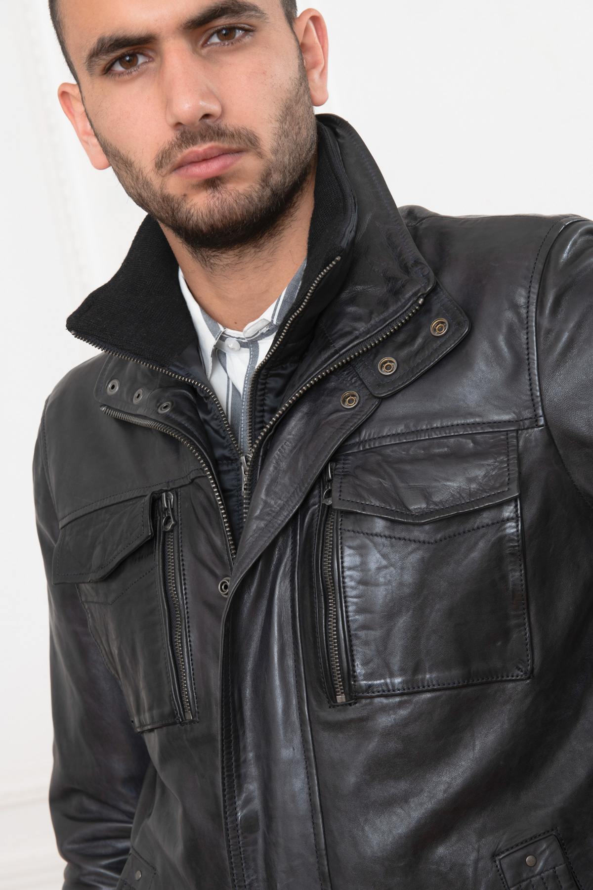 Dark blue leather jacket with stand-up collar - Image n°3