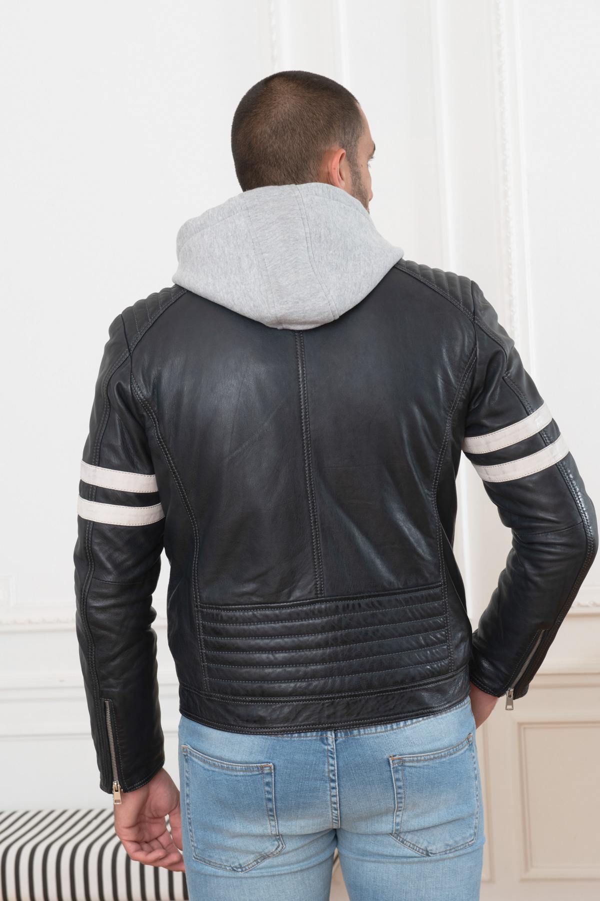 Leather jacket with white stripes - Image n°6