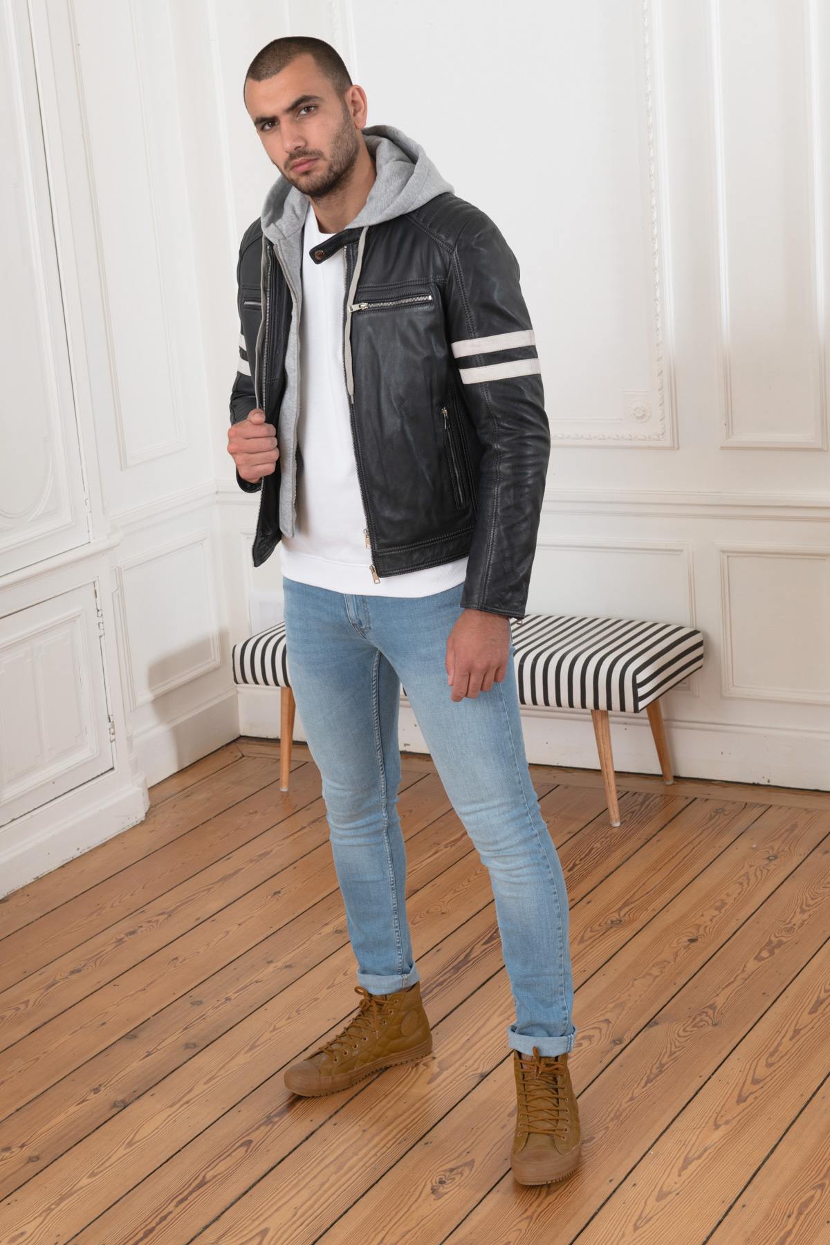 Leather jacket with white stripes - Image n°2