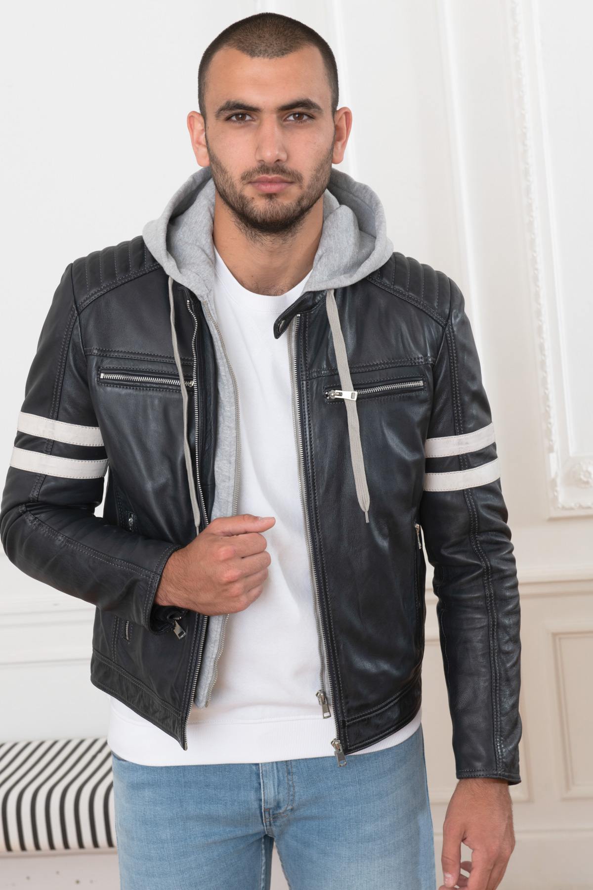 Leather jacket with white stripes - Image n°5