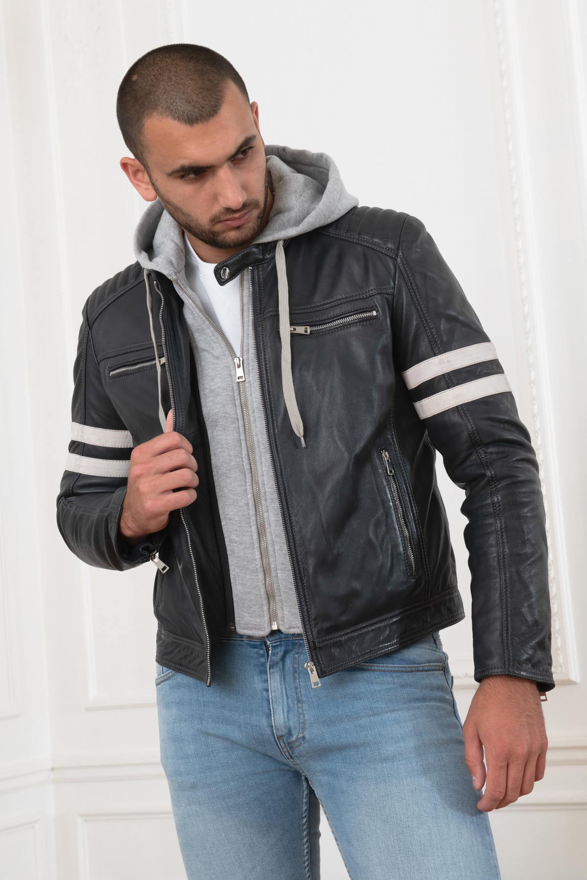 Leather jacket with white stripes - Image n°4