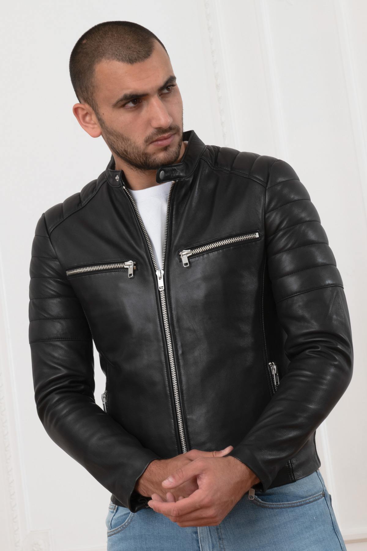 Black quilted leather jacket - Image n°1