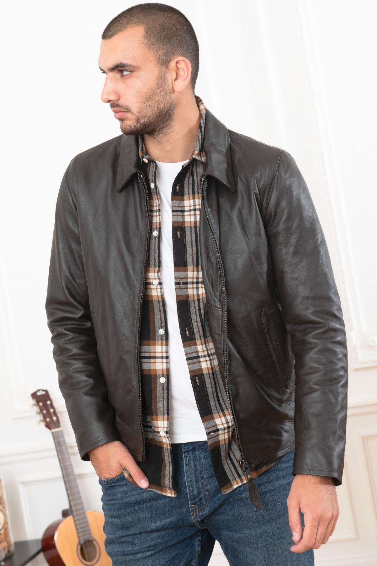 Brown leather jacket with shirt collar - Image n°7