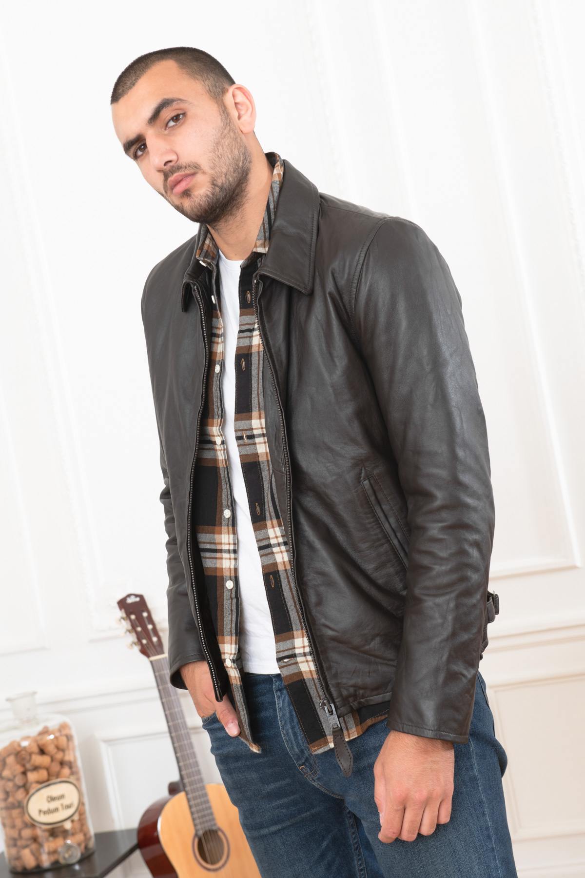 Brown leather jacket with shirt collar - Image n°2