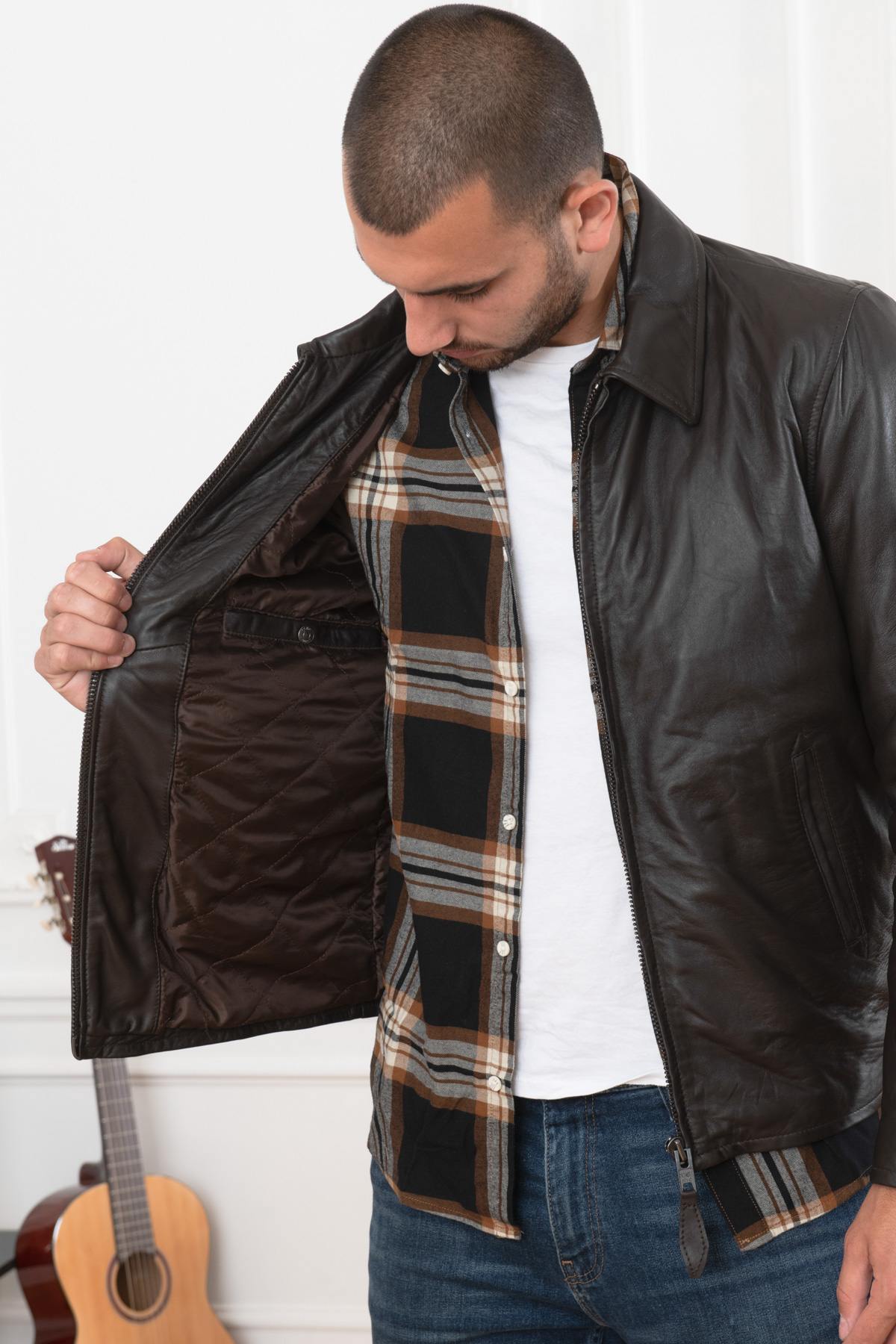 Brown leather jacket with shirt collar - Image n°4