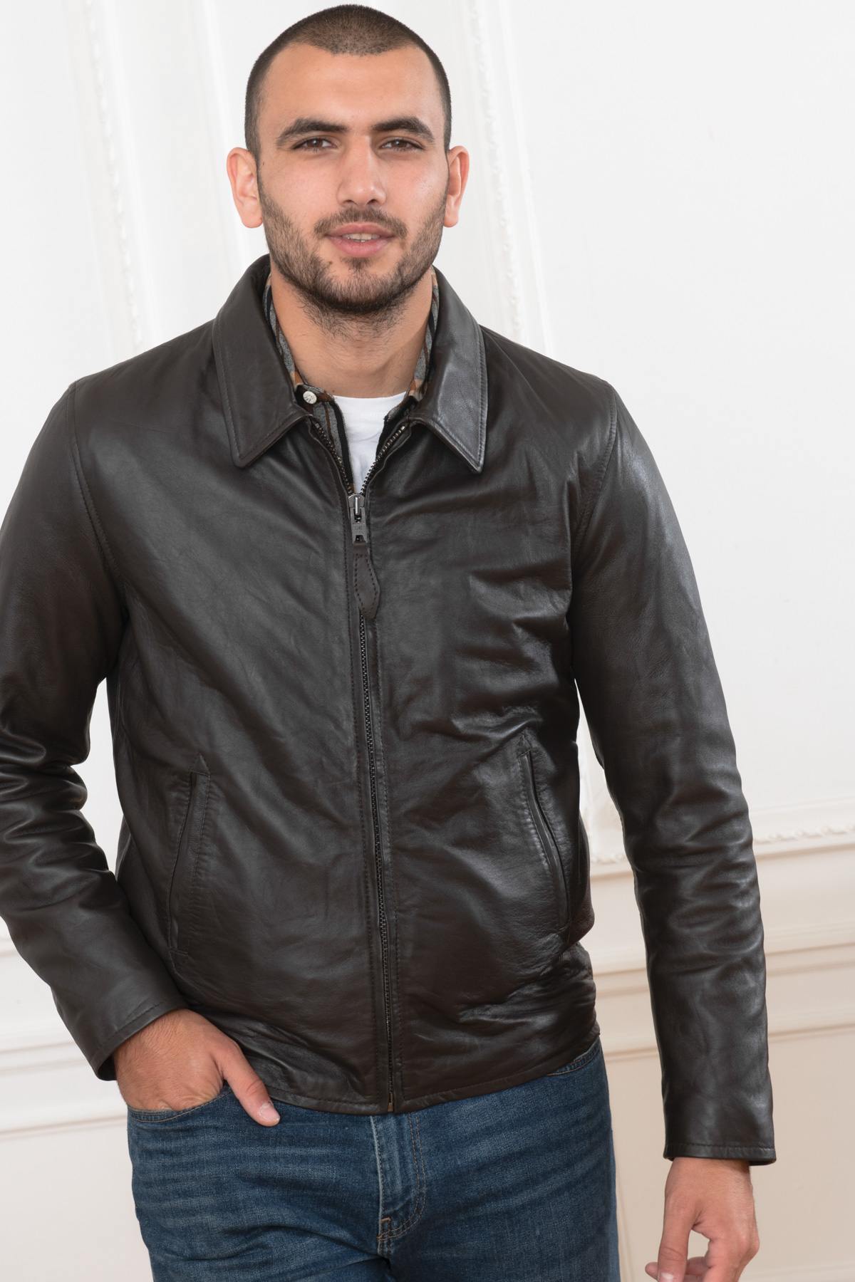 Brown leather jacket with shirt collar - Image n°3