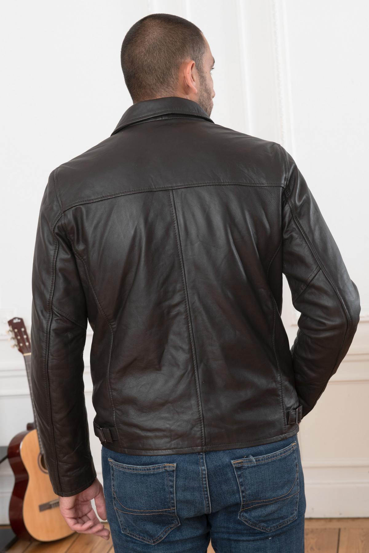 Brown leather jacket with shirt collar - Image n°5