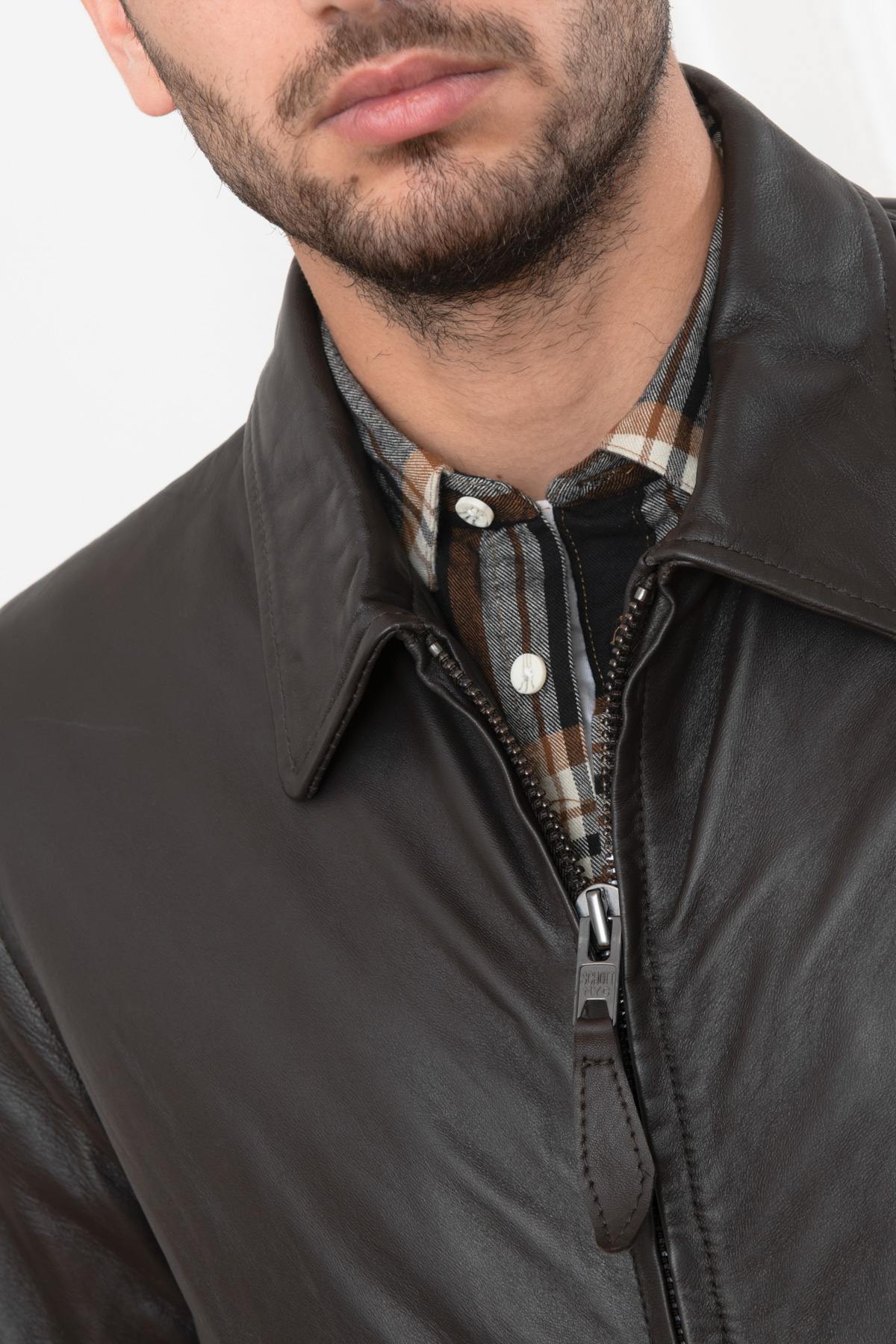 Brown leather jacket with shirt collar - Image n°6