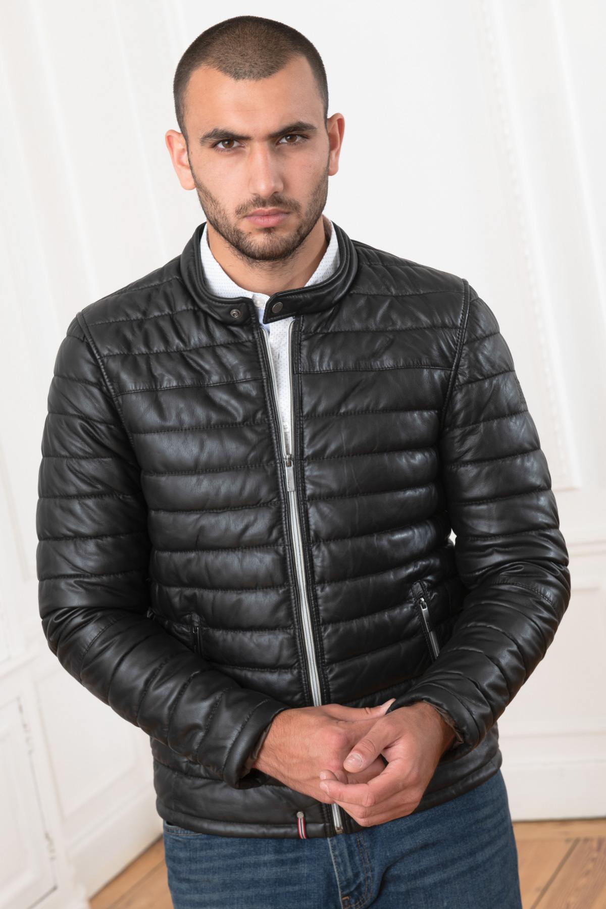 Black sheepskin down jacket - Image n°1