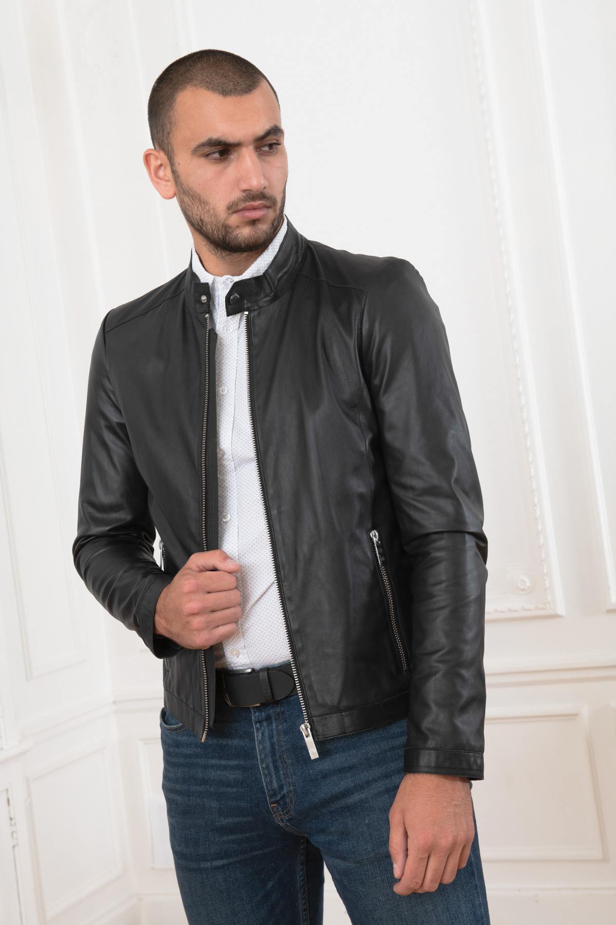 Round-neck sheepskin leather jacket - Image n°7