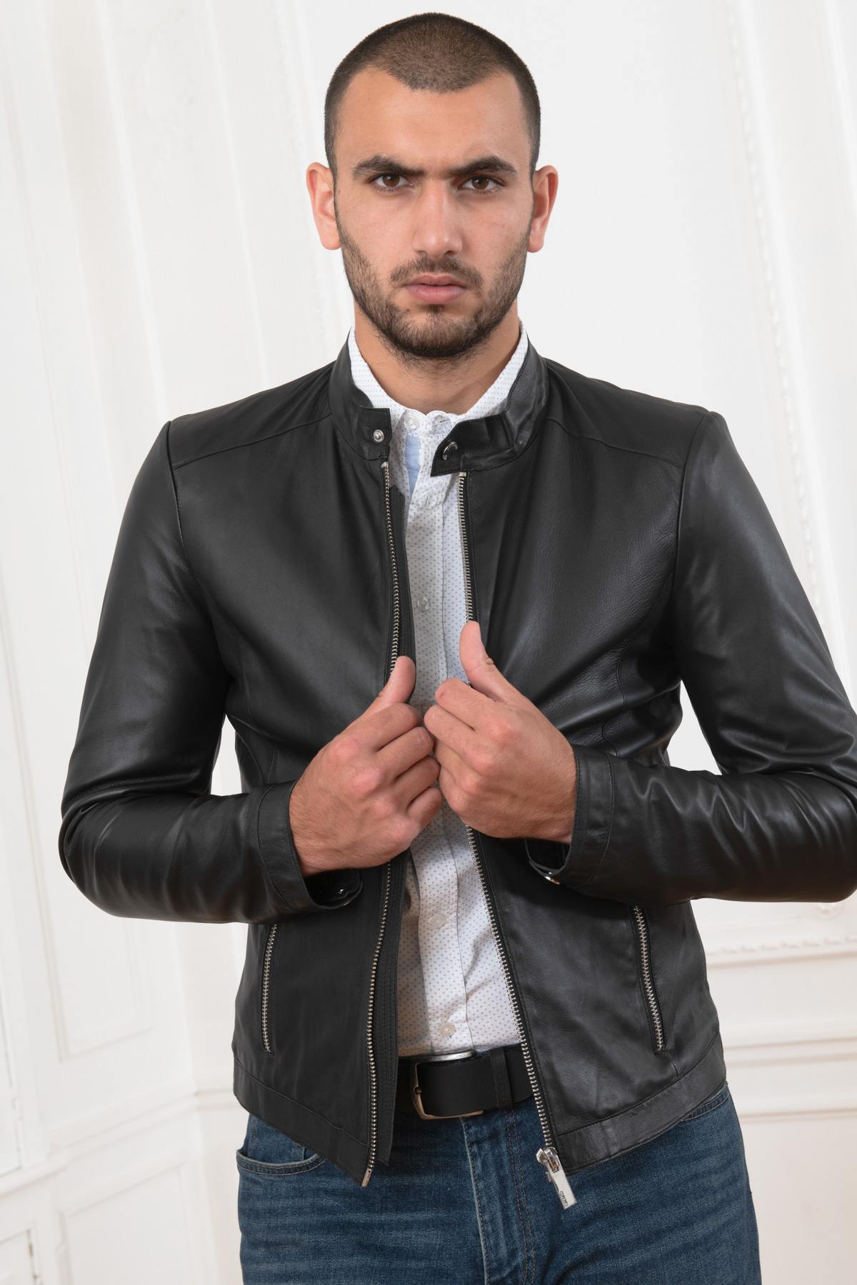 Round-neck sheepskin leather jacket - Image n°1