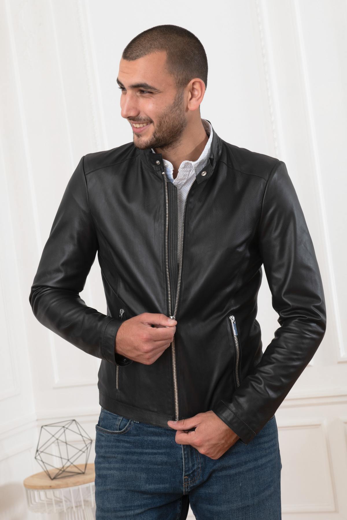 Round-neck sheepskin leather jacket - Image n°8