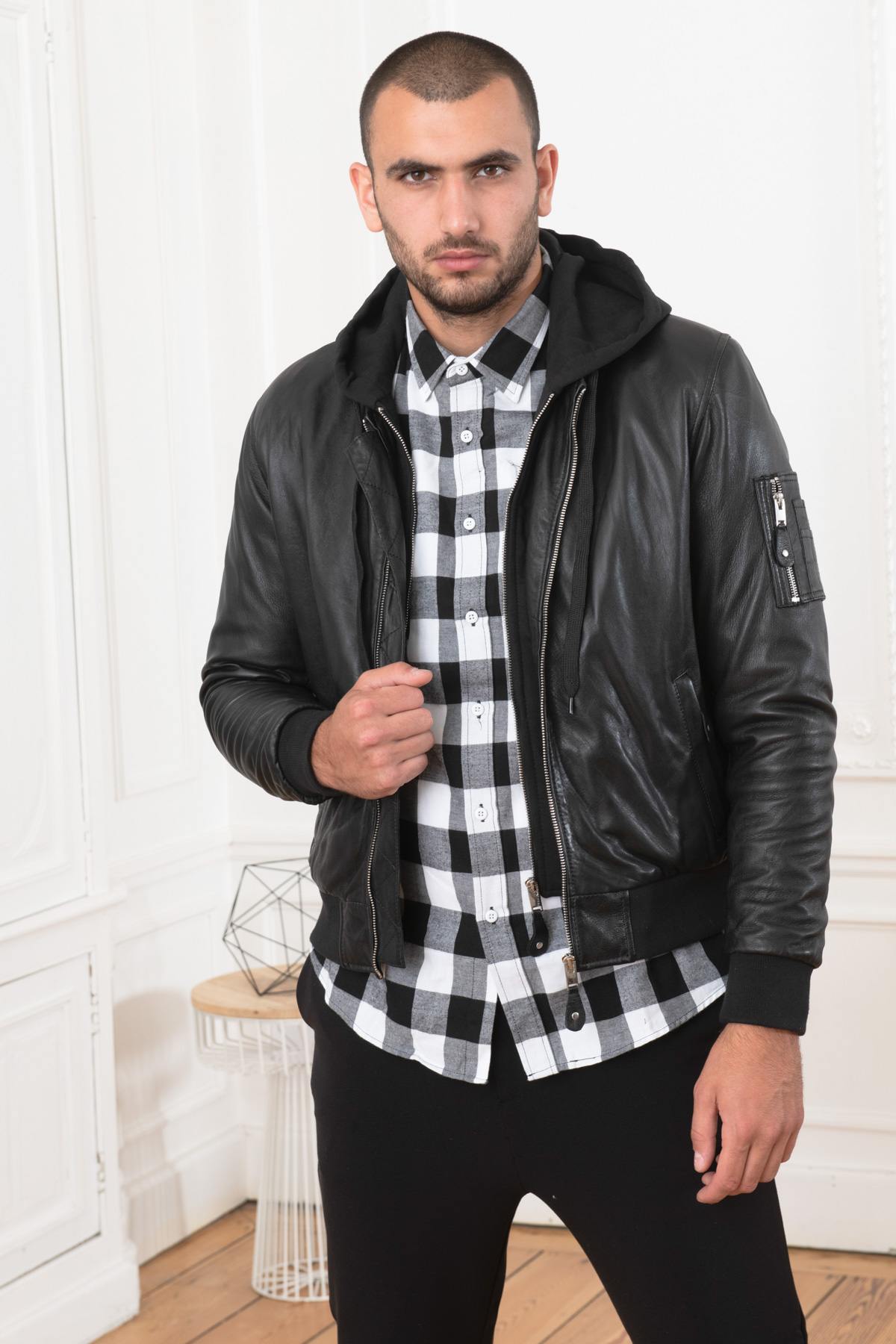 Leather bomber with hooded facing - Image n°8