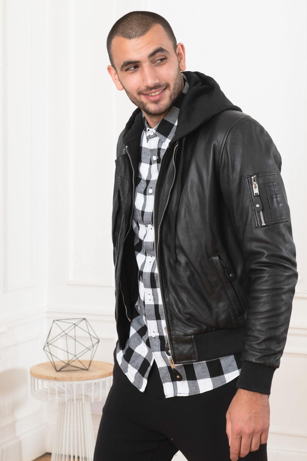 Leather bomber with hooded facing - Image n°1