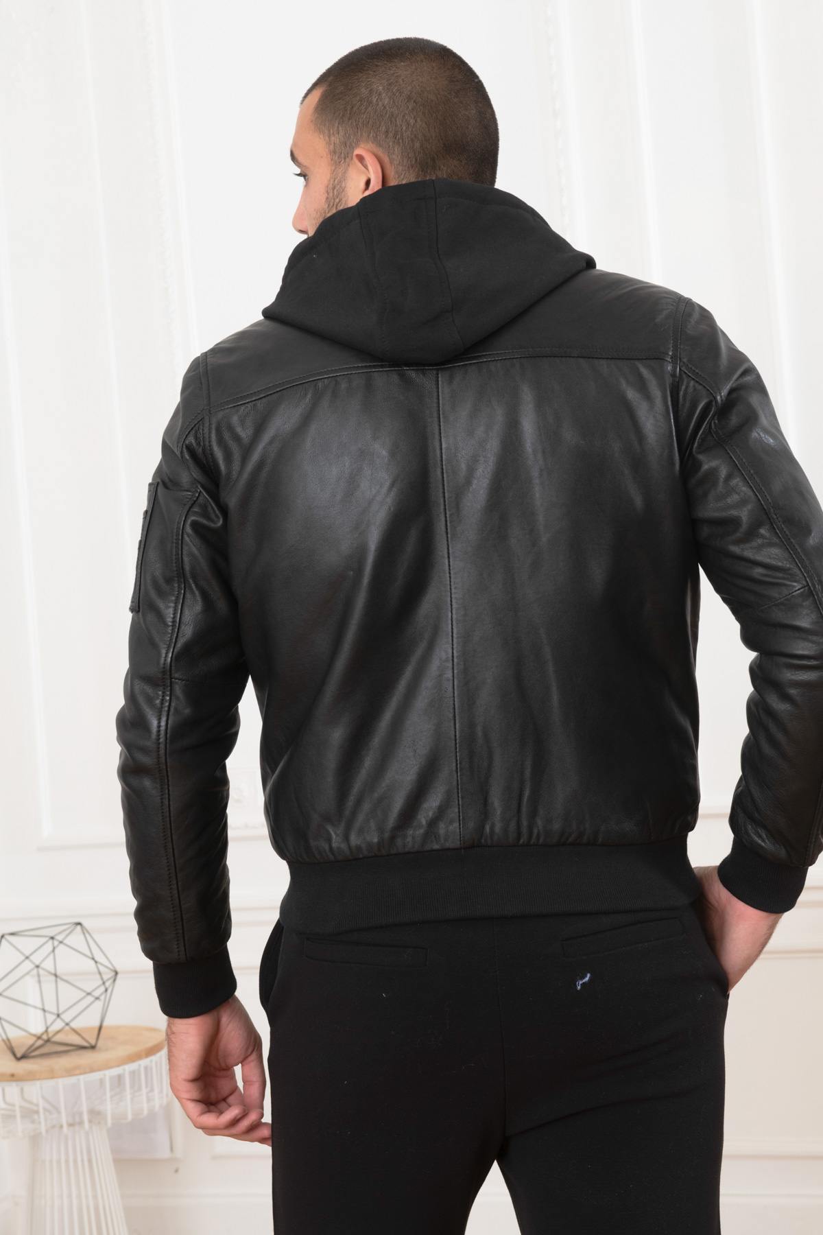 Leather bomber with hooded facing - Image n°4