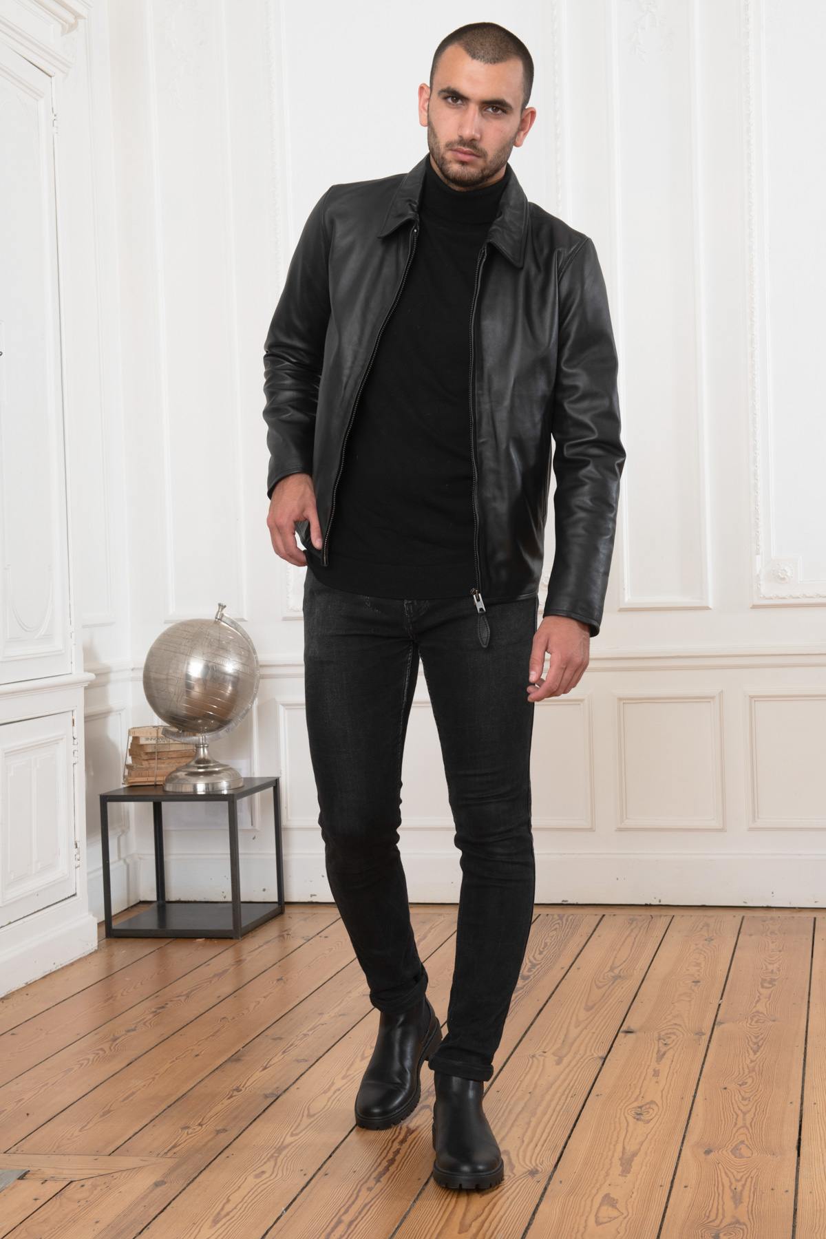 Black leather jacket with shirt collar - Image n°2