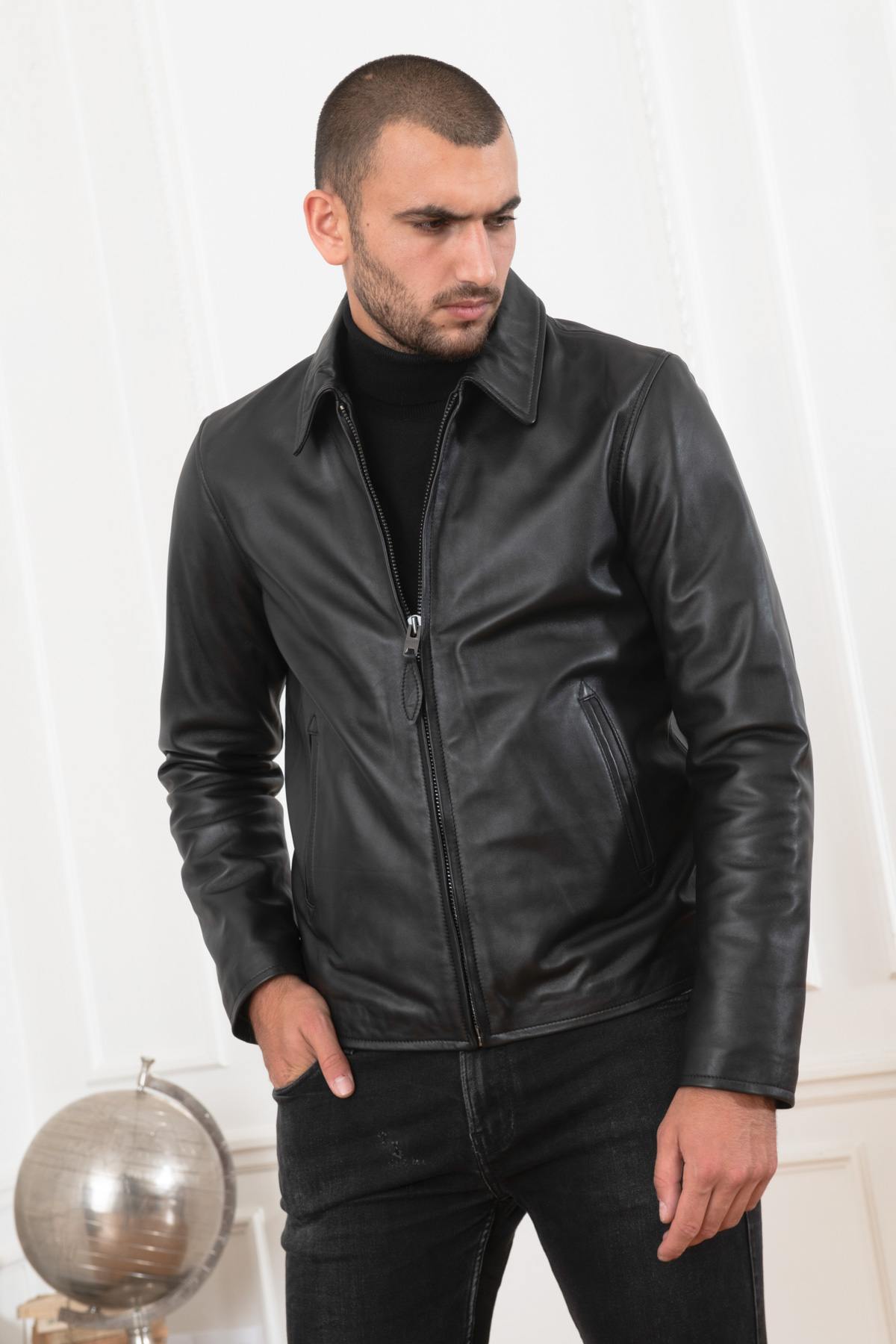 Black leather jacket with shirt collar - Image n°3